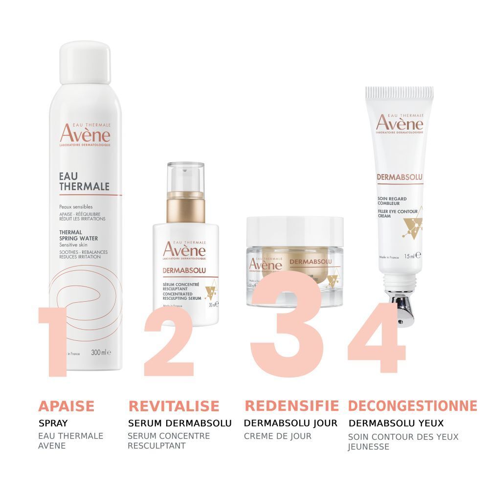 Avène Dermabsolu Crème jour. Emballage blanc, informations produit. 50 ml.