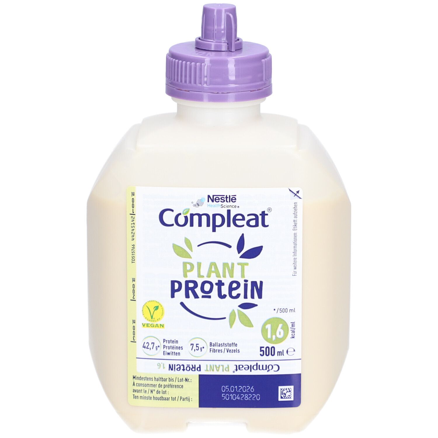 Nestlé Compleat Pflanzenprotein 1.6. Flasche mit lila Verschluss. Vegan. 500ml. Aufschrift: Plant Protein.