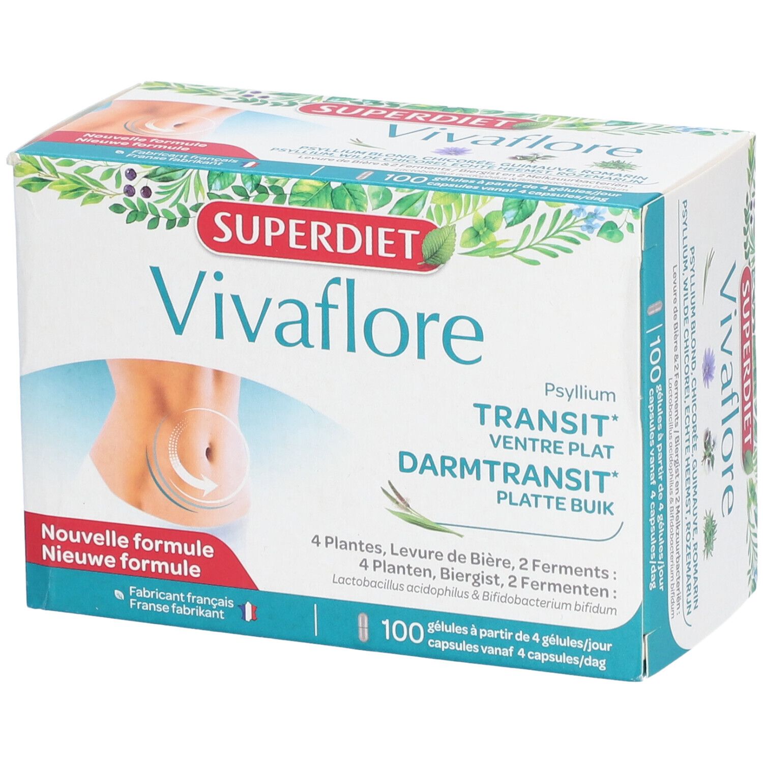 Karton mit Produktnamen Vivaflore und Superdiet-Logo. Abbildung eines Bauches. Text: Darmtransit, 100 Kapseln.