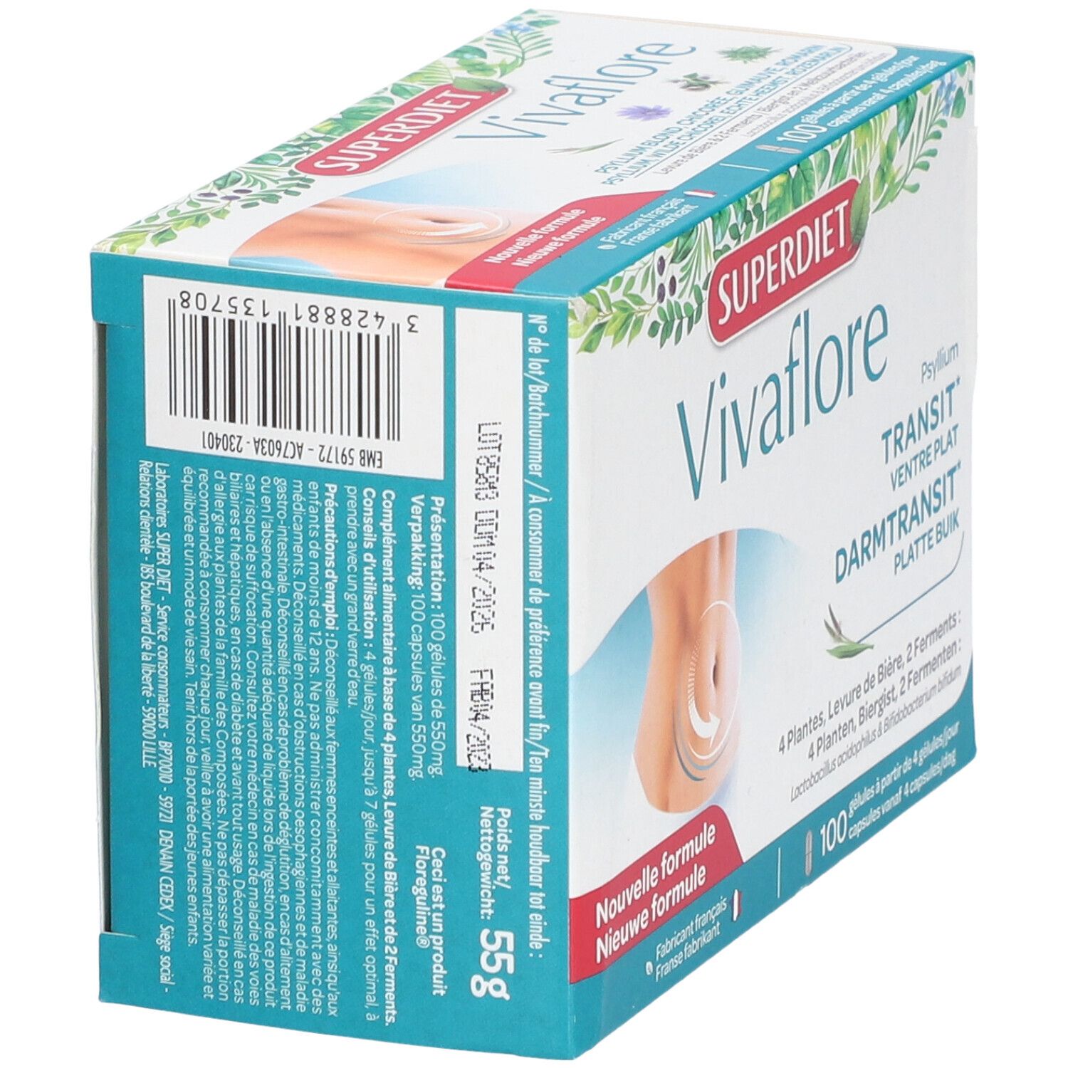Produktverpackung Vivaflore. Rückseite mit Informationen, Barcode und Haltbarkeitsdatum. Superdiet-Logo. 55g.