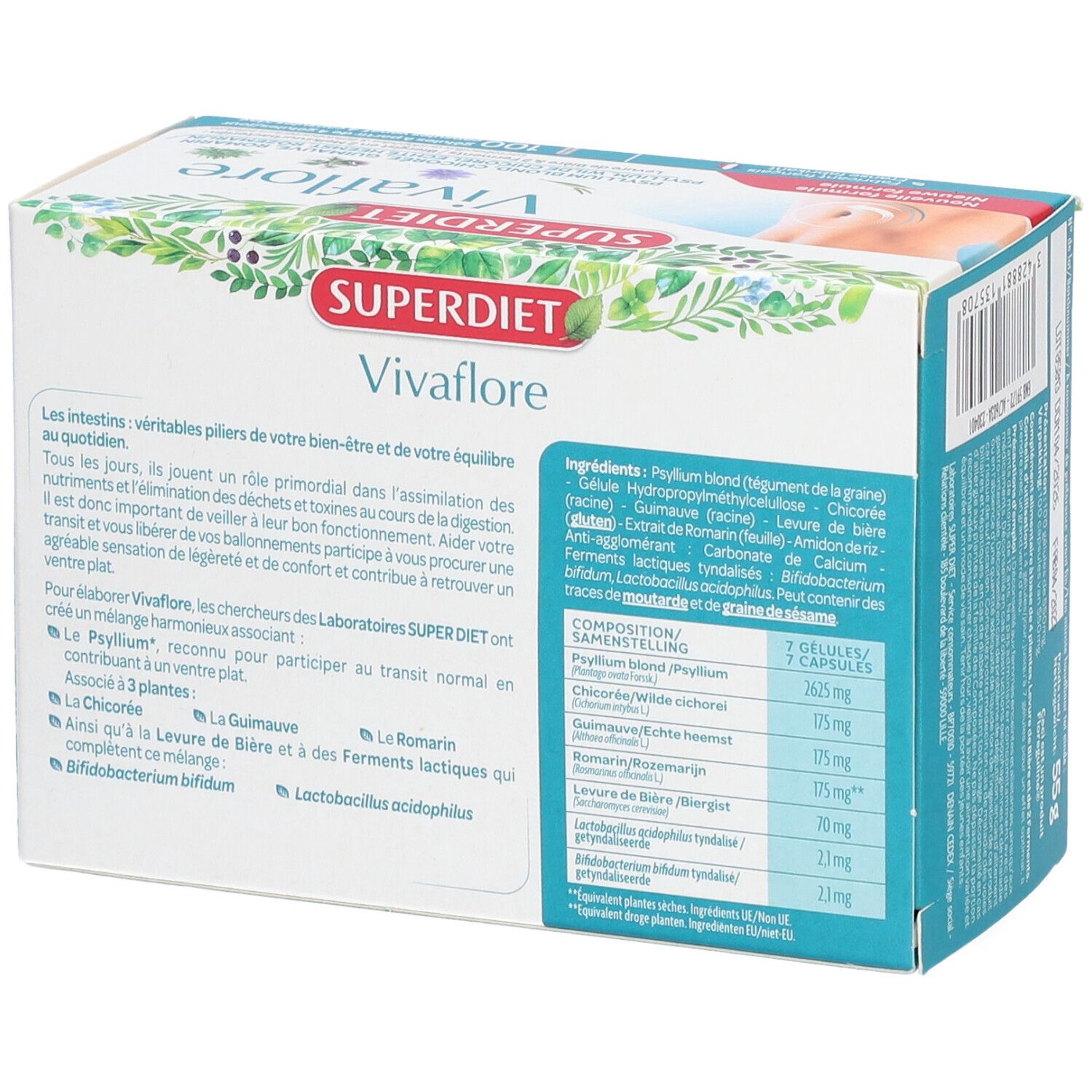 Produktverpackung Vivaflore. Rückseite mit Inhaltsstoffen und Informationen. Superdiet-Logo. Text in Französisch.