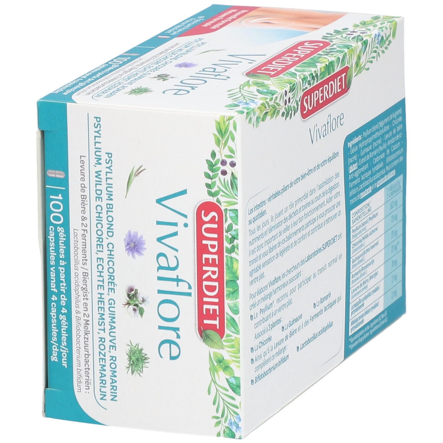 Produktverpackung Vivaflore. Seitenansicht mit Produktnamen und Inhaltsstoffen. Superdiet-Logo. Text in Französisch.