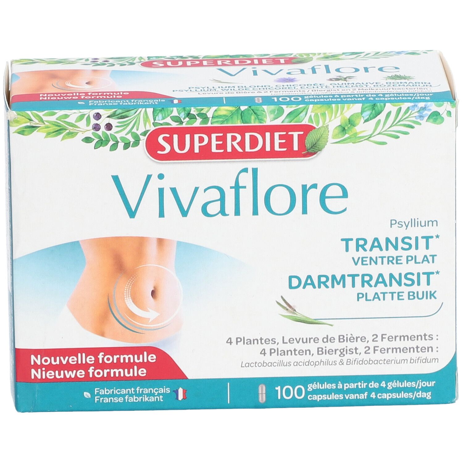 Karton Vivaflore Superdiet. Abbildung eines Bauches. Text: Darmtransit, 100 Kapseln. Neue Formel. Hergestellt in Frankreich.