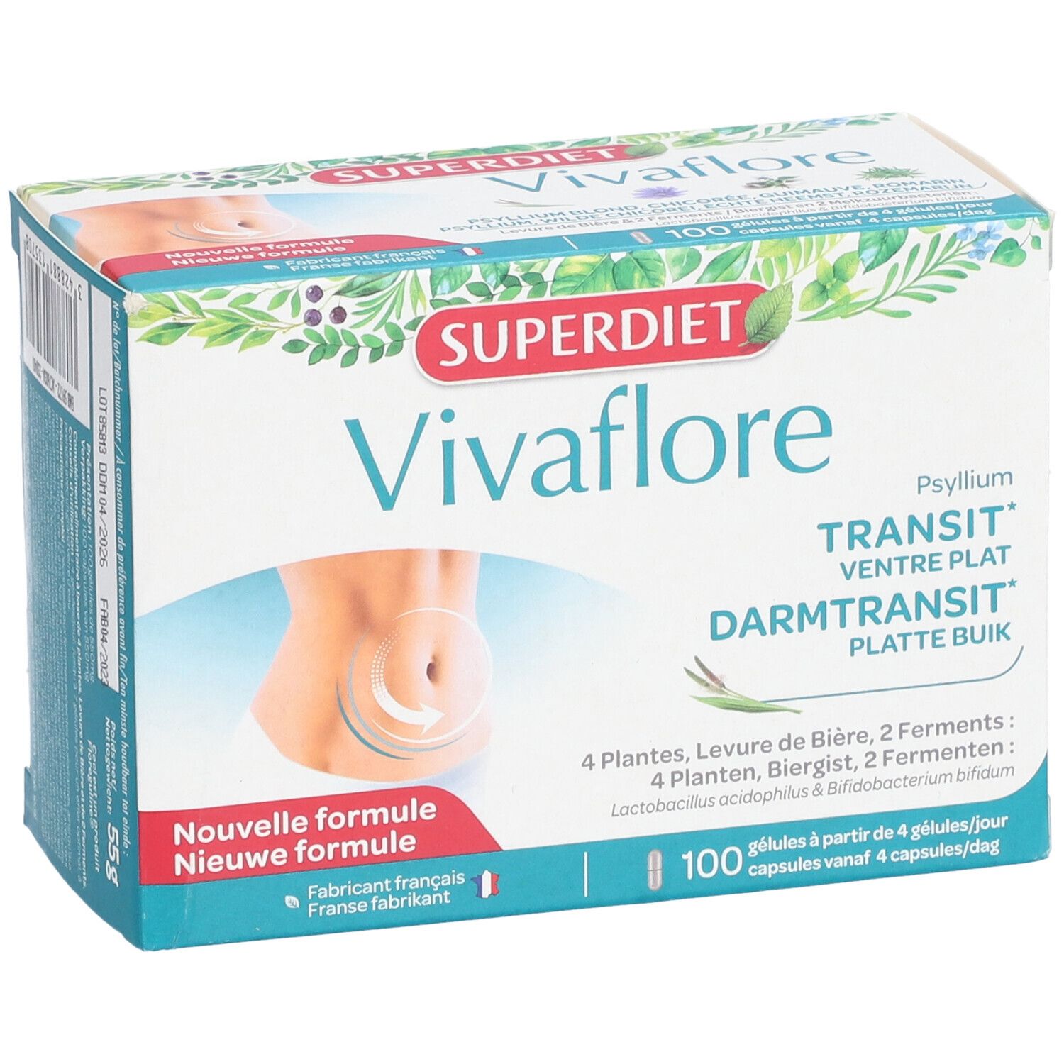 Produktverpackung Vivaflore. Vorderseite mit Produktnamen, Logo und Abbildung. 100 Kapseln. 55g. Neue Formel.