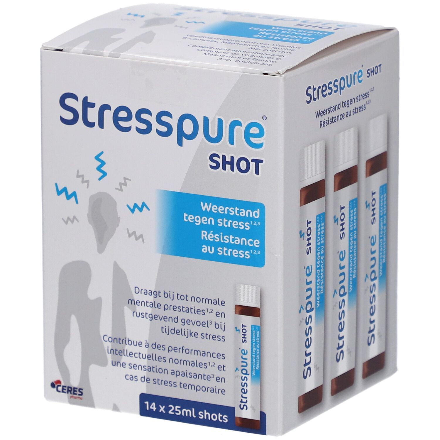 Schachtel mit 14 Shots. Aufschrift: Stresspure SHOT. Weerstand tegen stress. Résistance au stress.
