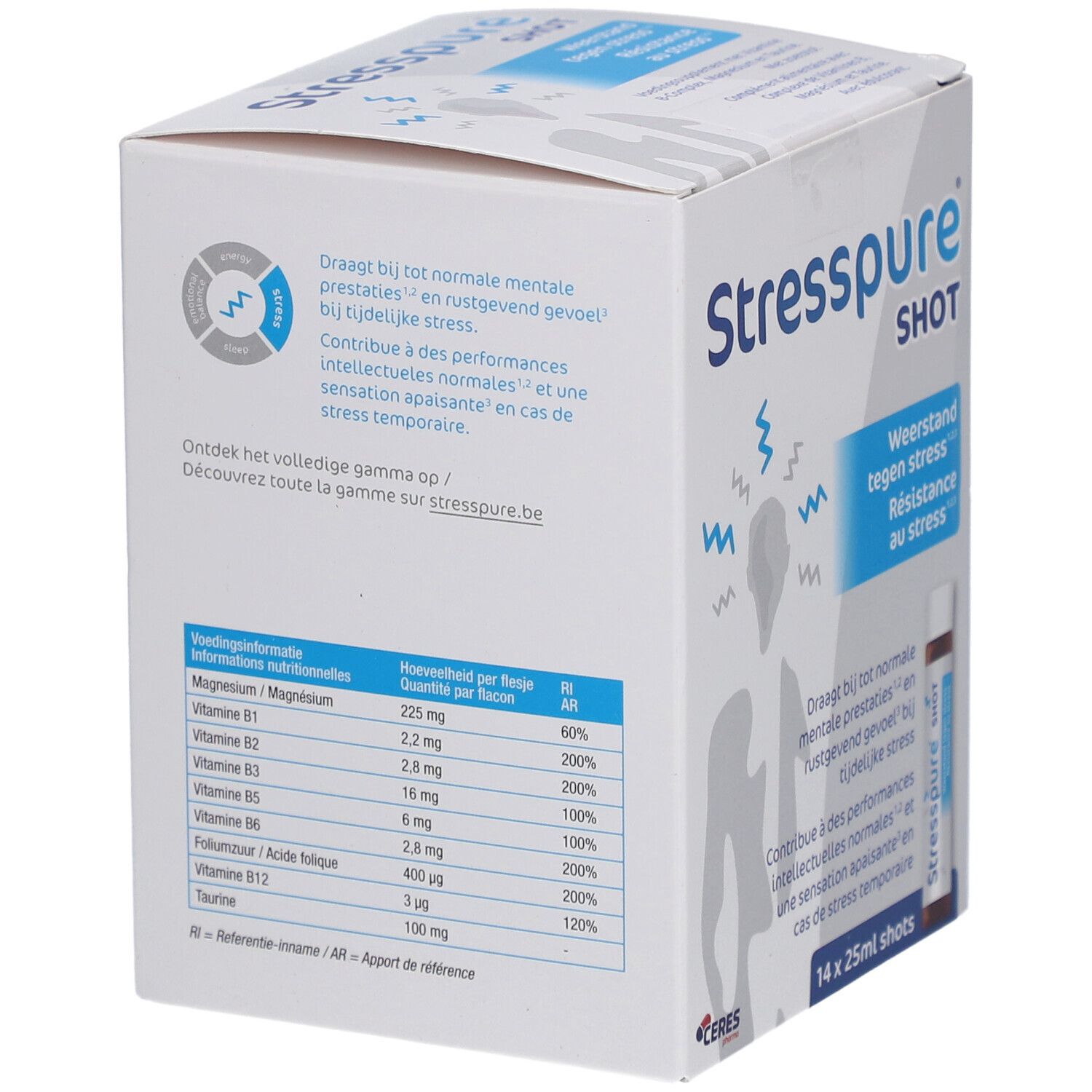 Rückseite der Schachtel. Enthält Nährwertangaben. Aufschrift: Stresspure SHOT. Weerstand tegen stress. Résistance au stress.