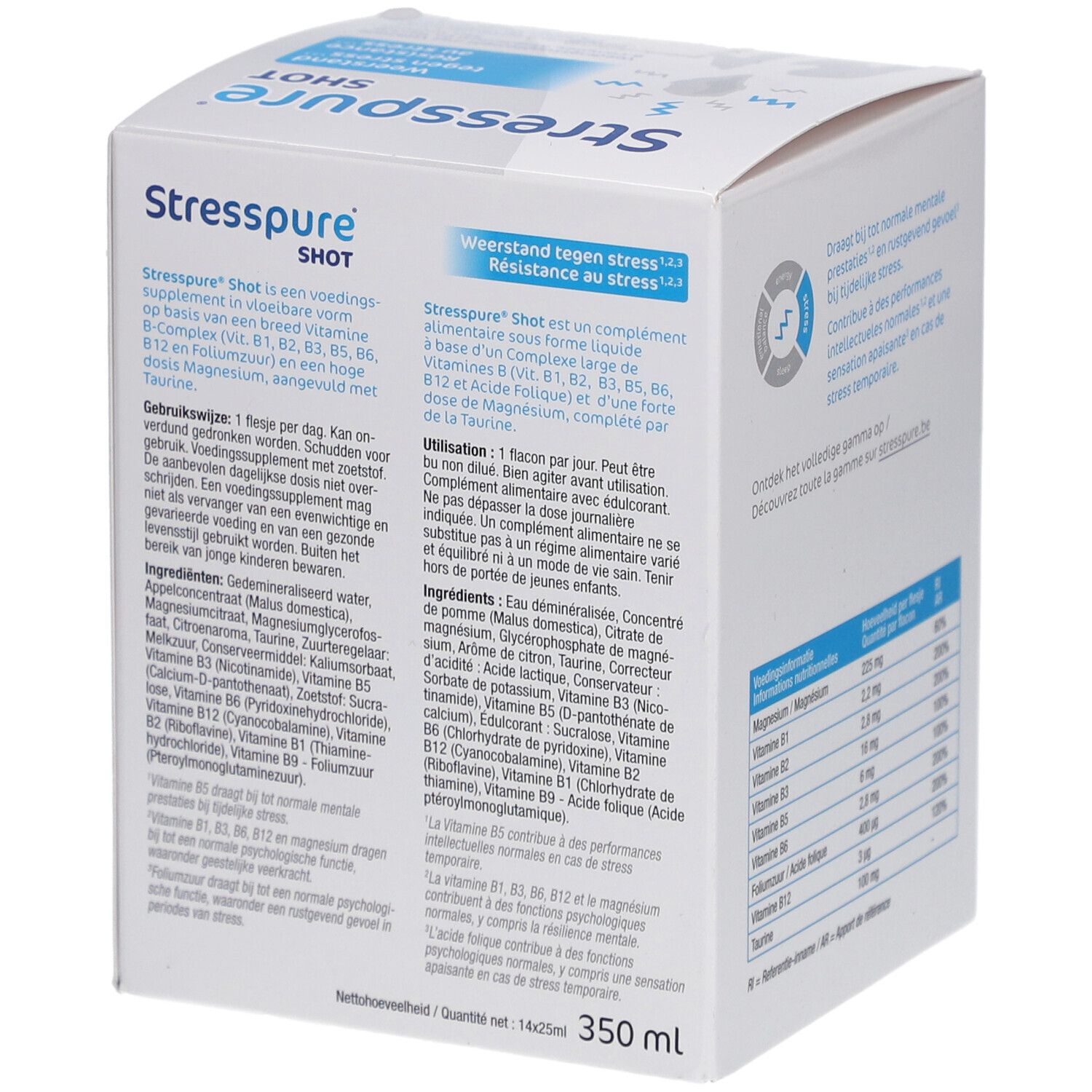 Schachtel mit Inhaltsangaben. Aufschrift: Stresspure SHOT. Weerstand tegen stress. Résistance au stress. 350 ml.