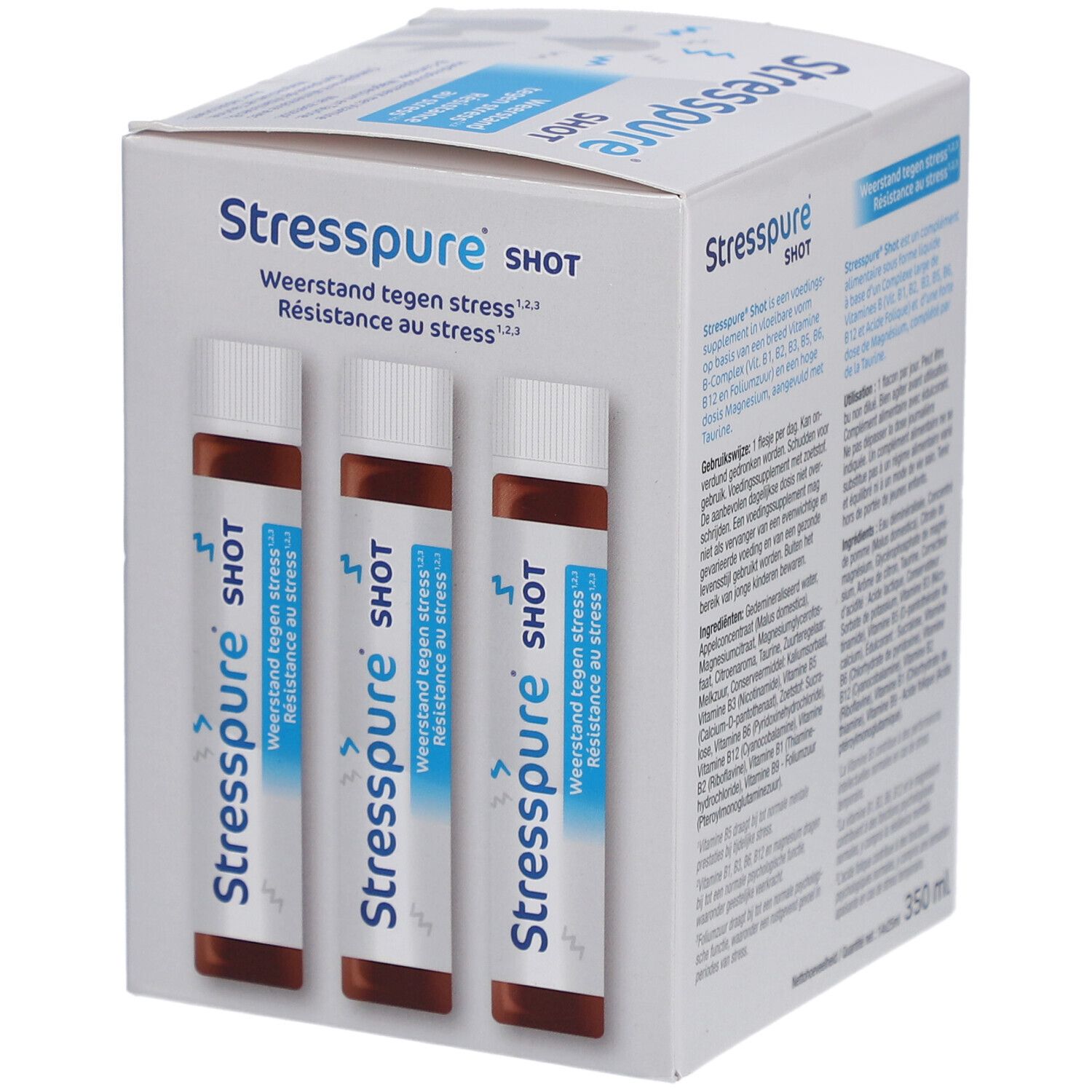 Schachtel mit 3 Shots. Aufschrift: Stresspure SHOT. Weerstand tegen stress. Résistance au stress. 350 ml.