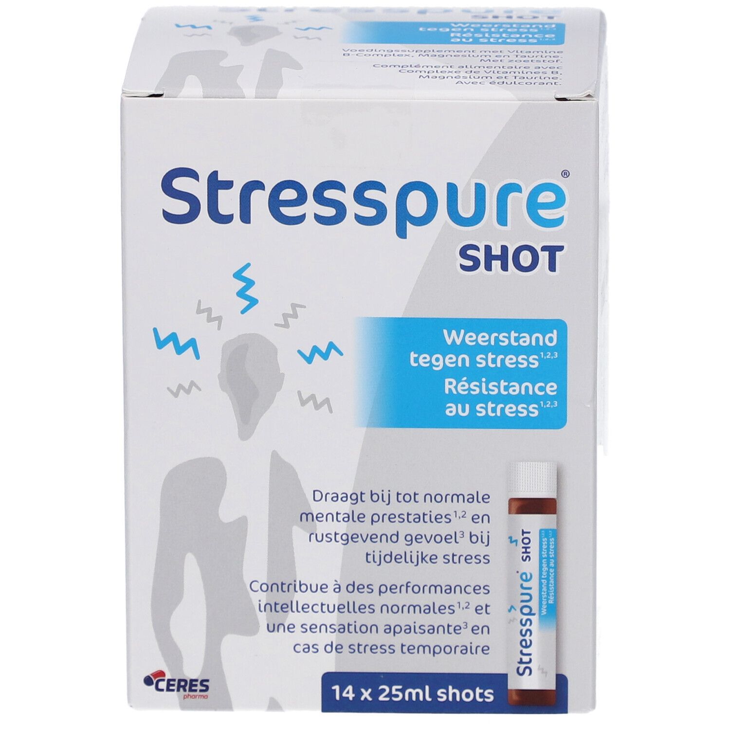 Schachtel mit 14 Shots. Aufschrift: Stresspure SHOT. Weerstand tegen stress. Résistance au stress.