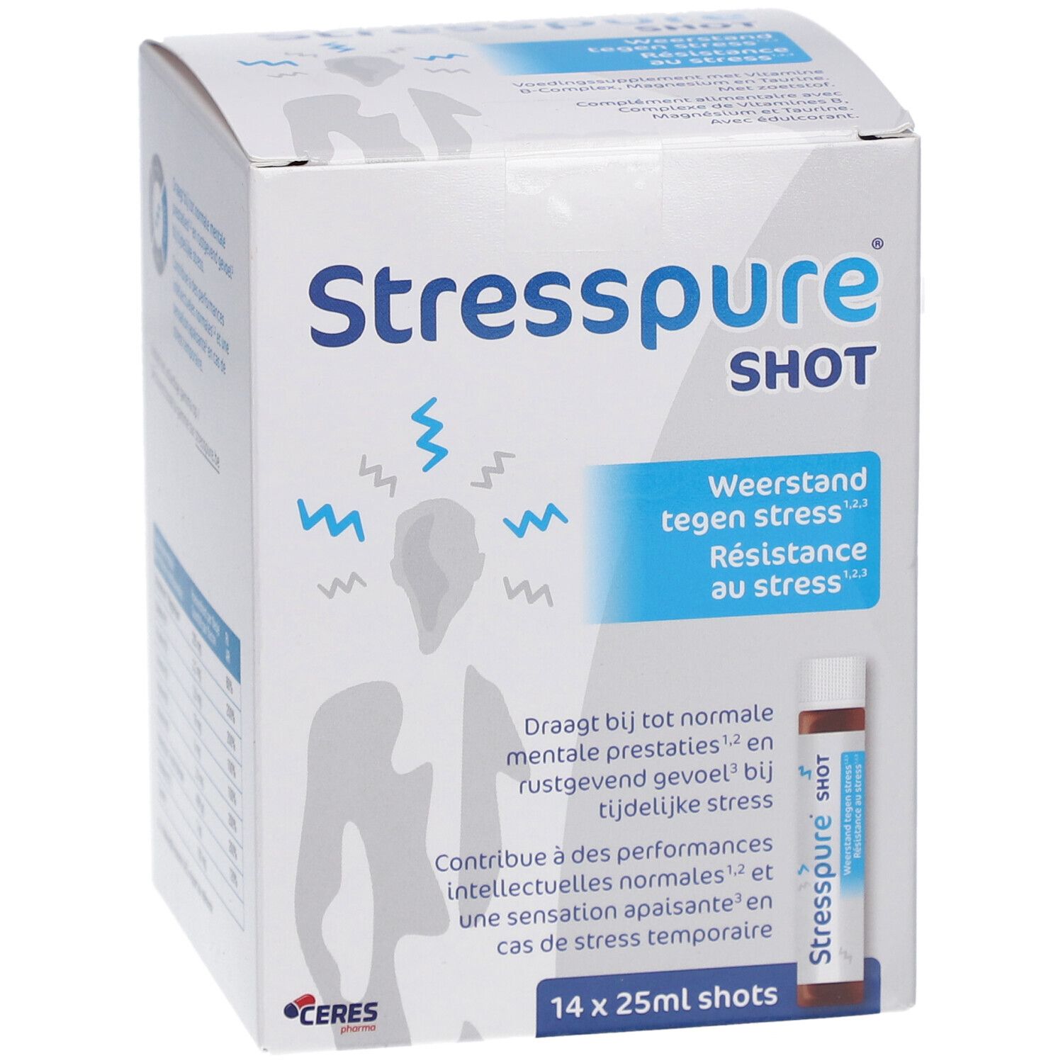 Schachtel mit 14 Shots. Aufschrift: Stresspure SHOT. Weerstand tegen stress. Résistance au stress.