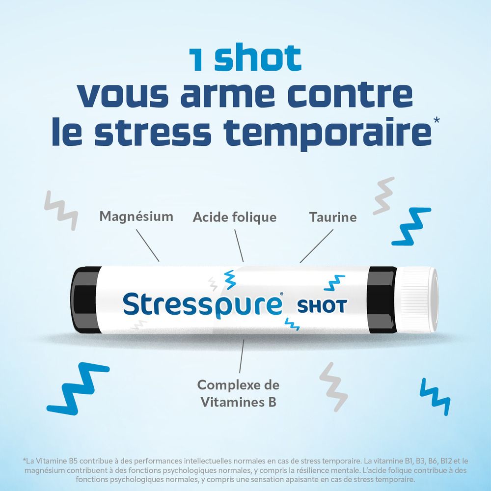 Une bouteille de shot et une boîte. Inscription: Stresspure SHOT. Weerstand tegen stress. Résistance au stress.