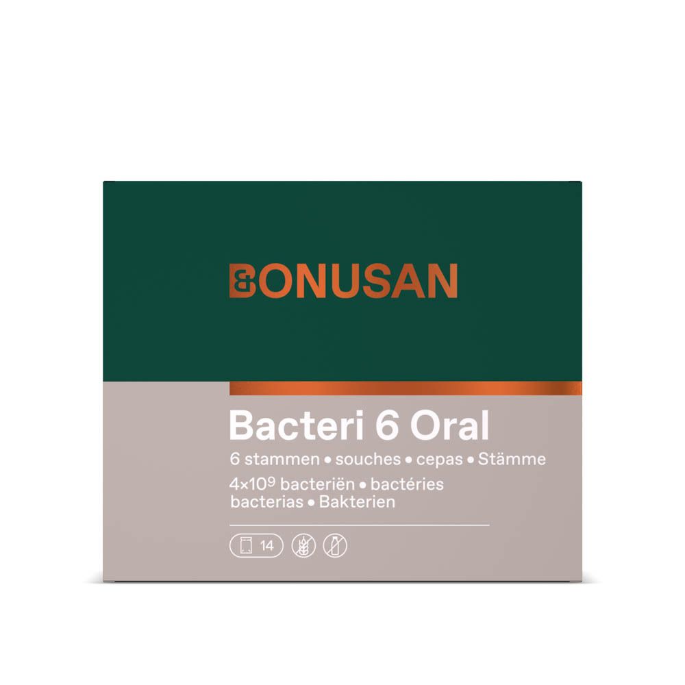 Emballage du produit. Marque Bonusan. Nom du produit : Bakteri 6 Oral. Contient 14 sachets. Couleurs vert-gris.