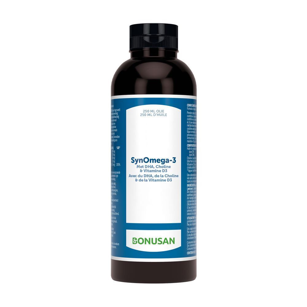 Bouteille marron avec bouchon noir. L'étiquette indique SynOmega-3 et Bonusan. Contient DHA, choline et vitamine D3.