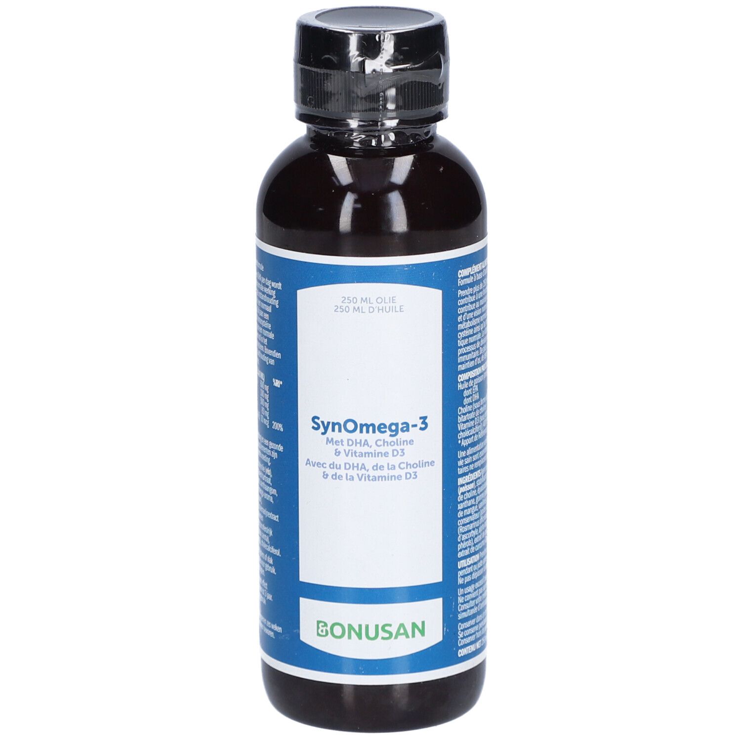 Braune Flasche mit schwarzem Deckel. Auf dem Etikett steht SynOmega-3 und Bonusan. Enthält DHA, Cholin und Vitamin D3.