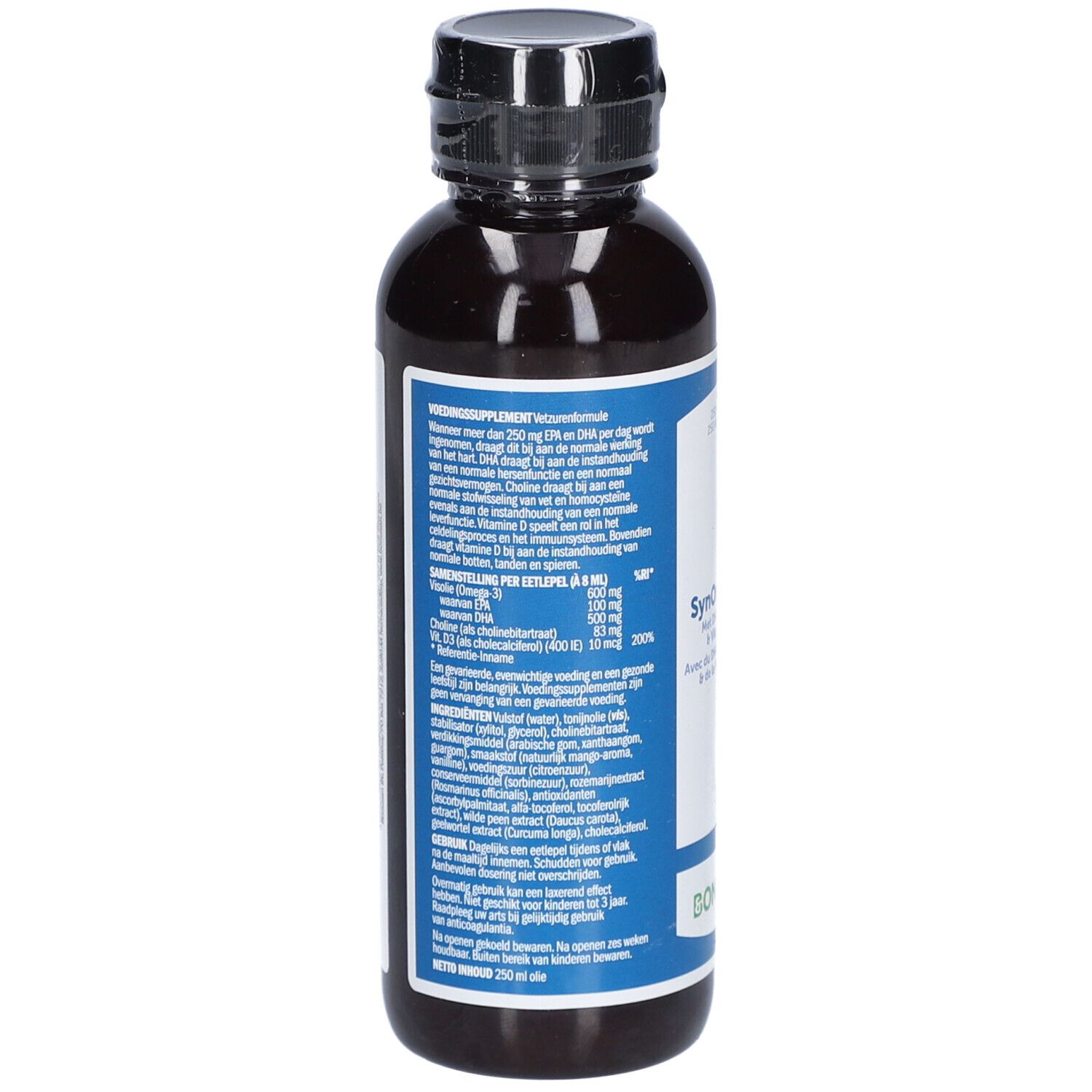 Rückseite einer braunen Flasche mit schwarzem Deckel. Das Etikett enthält Informationen über das Produkt und die Inhaltsstoffe.