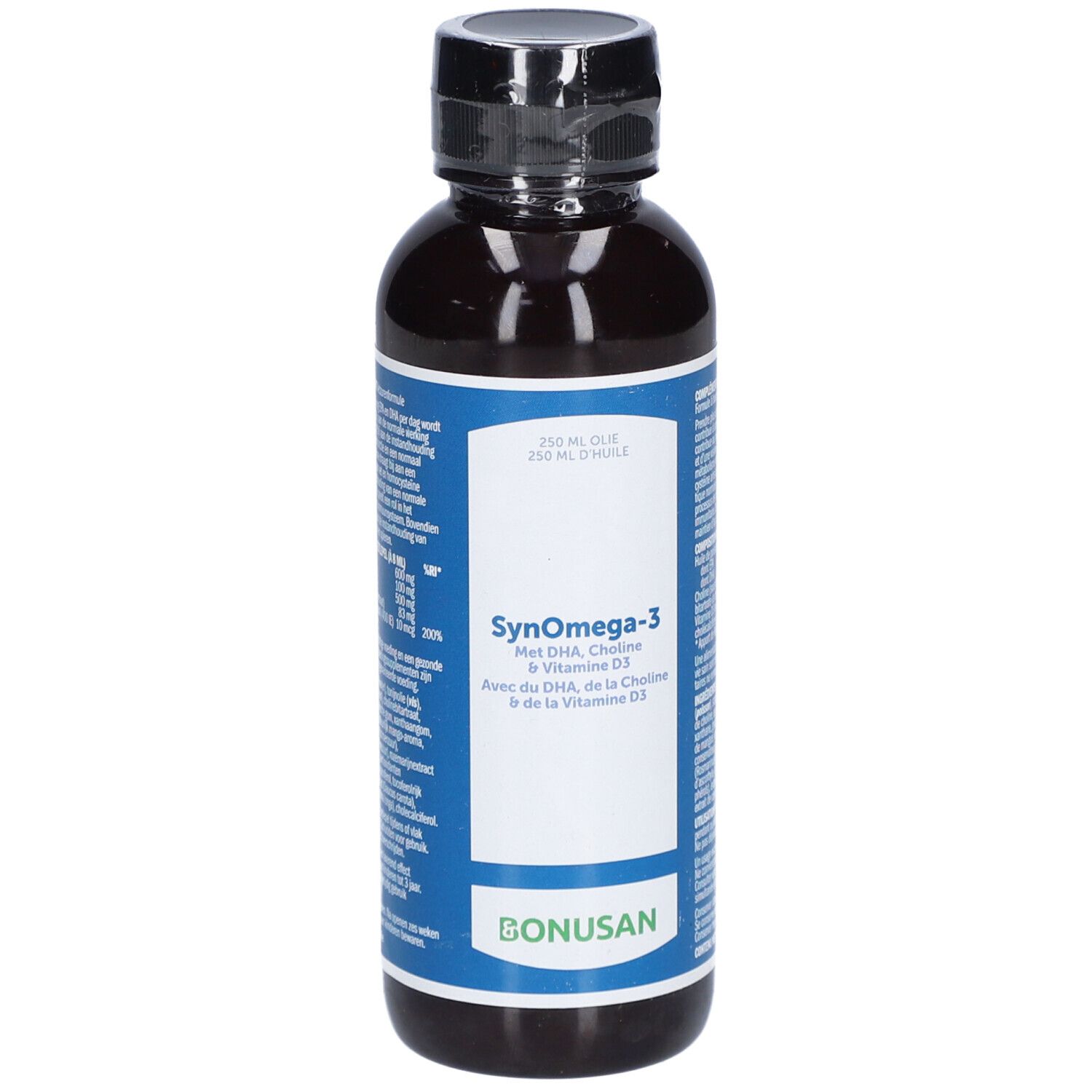 Braune Flasche mit schwarzem Deckel. Auf dem Etikett steht SynOmega-3 und Bonusan. Enthält DHA, Cholin und Vitamin D3.