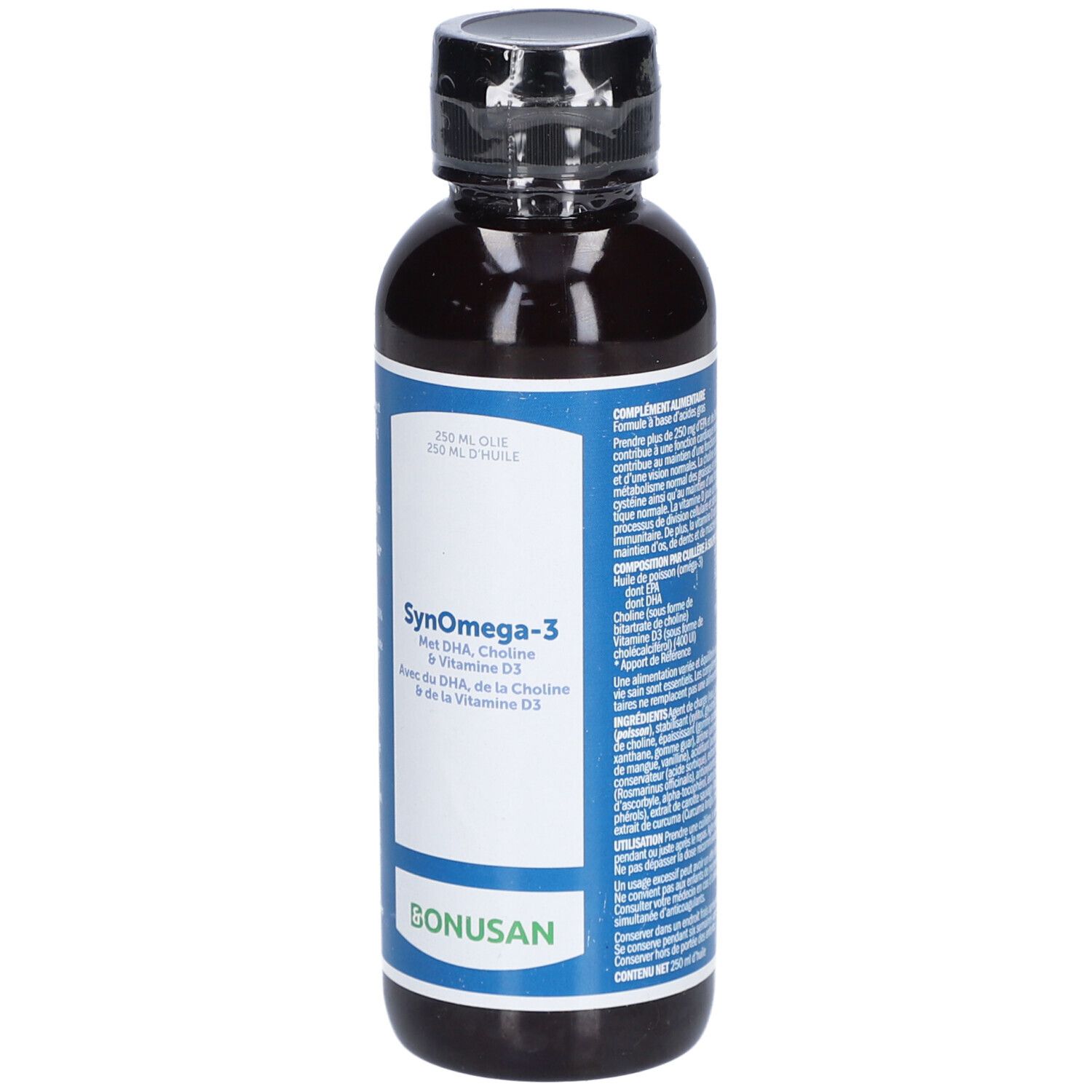 Braune Flasche mit schwarzem Deckel. Das Etikett enthält Produktinformationen, darunter SynOmega-3 und Bonusan.