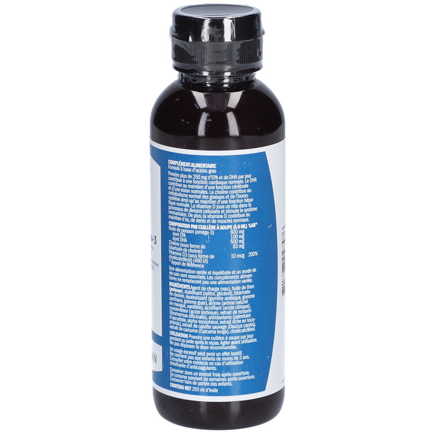 Rückseite einer braunen Flasche mit schwarzem Deckel. Das Etikett enthält Produktinformationen und Inhaltsstoffe.