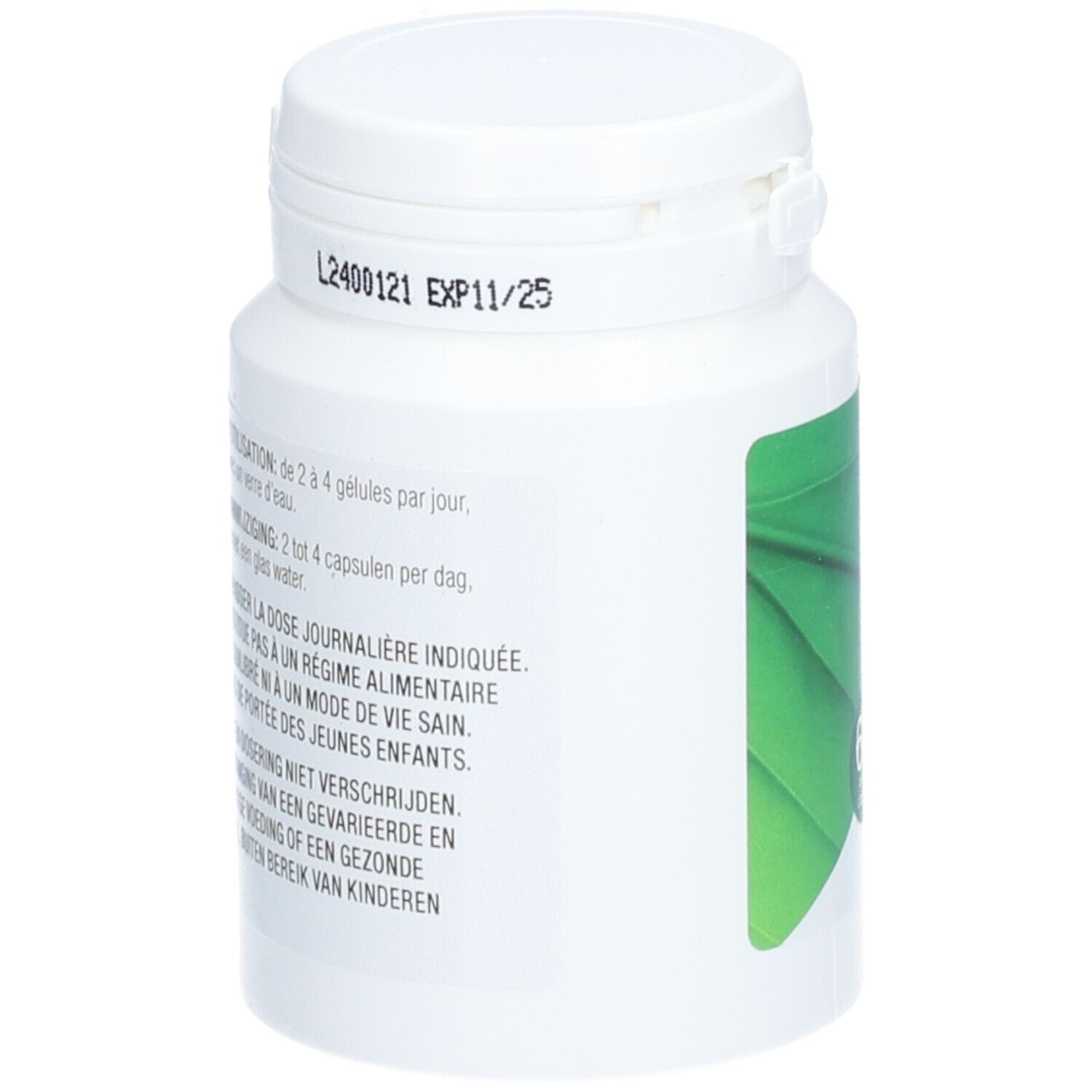 Weiße Dose mit Deckel. Aufschrift und Verfallsdatum.