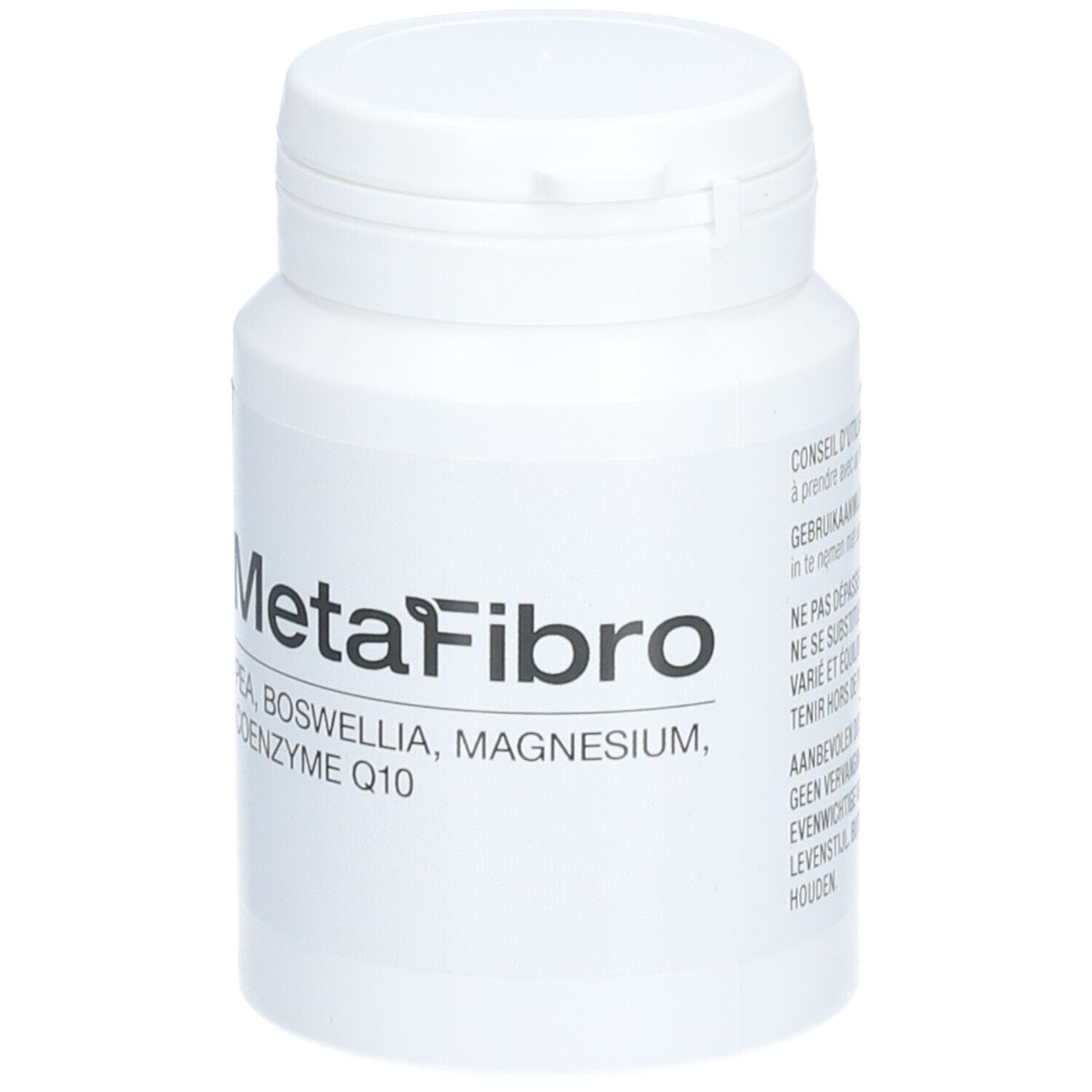 Weiße Dose mit Deckel. Aufschrift MetaFibro und Inhaltsstoffe.