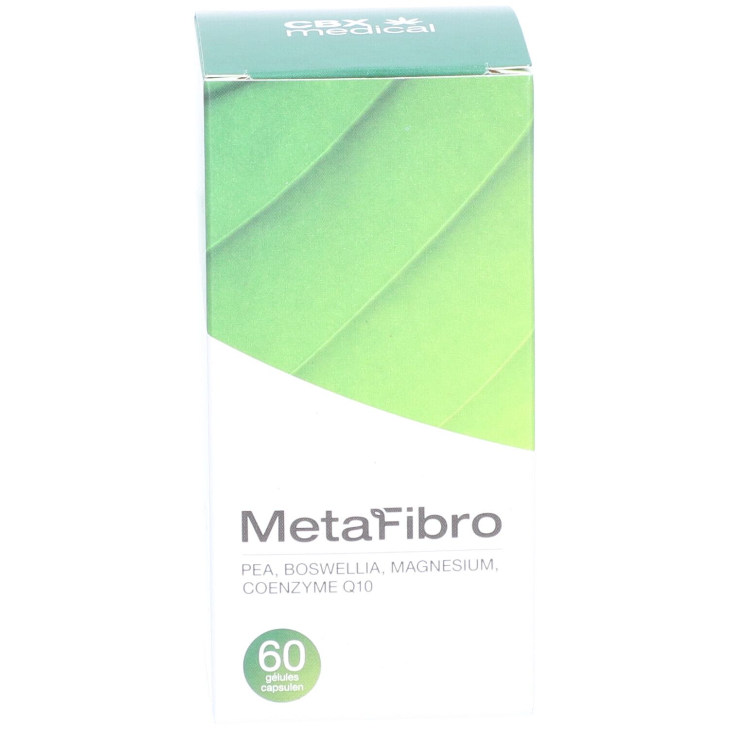 Produktverpackung. Aufschrift MetaFibro, 60 Kapseln und Logo.