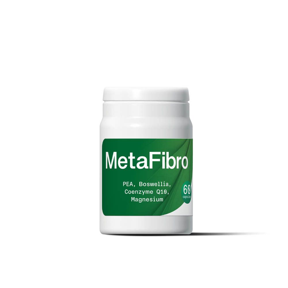 Flacon blanc avec couvercle. Inscription MetaFibro, 60 gélules et logo.