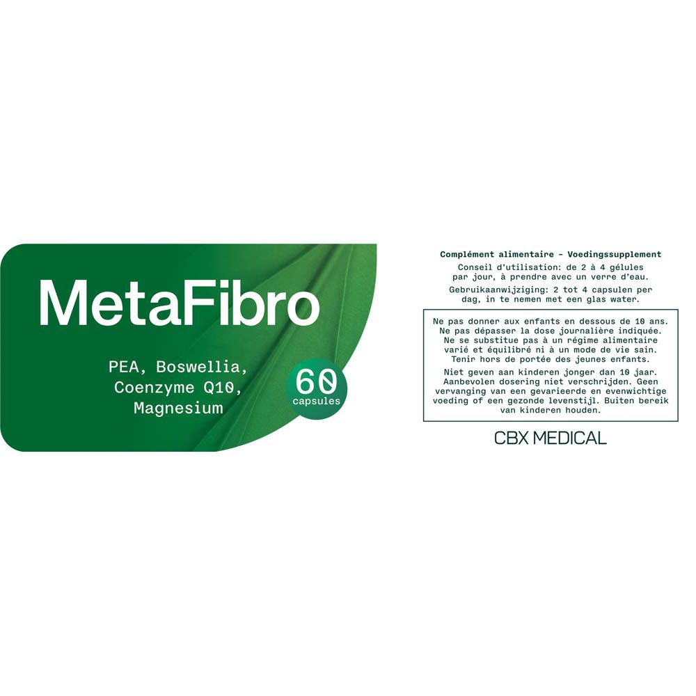 Flacon blanc avec couvercle. Inscription MetaFibro, 60 gélules et logo.