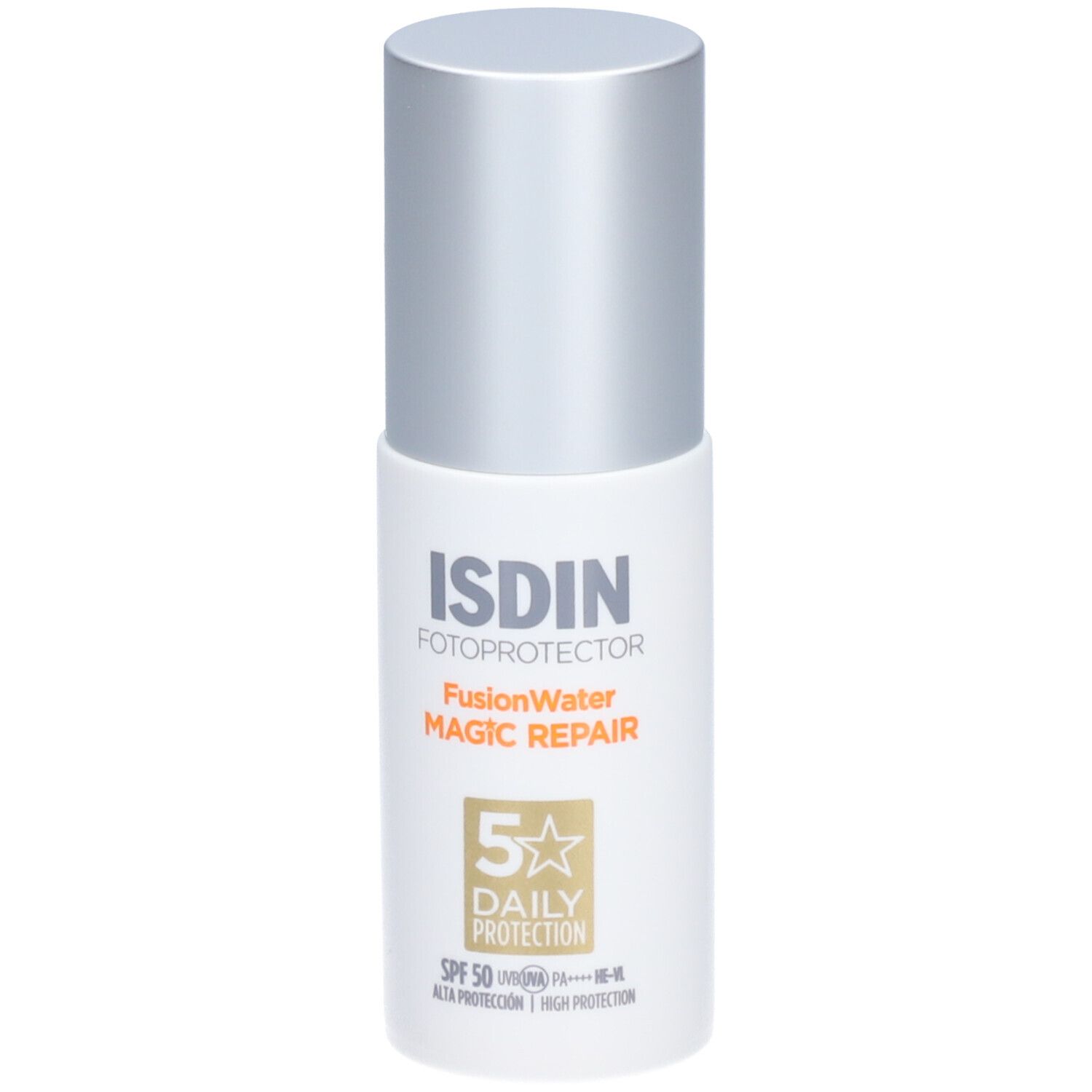 ISDIN Fotoprotector Fusion Water Magic Repair SPF50. Weiße Flasche mit silbernem Deckel. Text auf der Vorderseite.