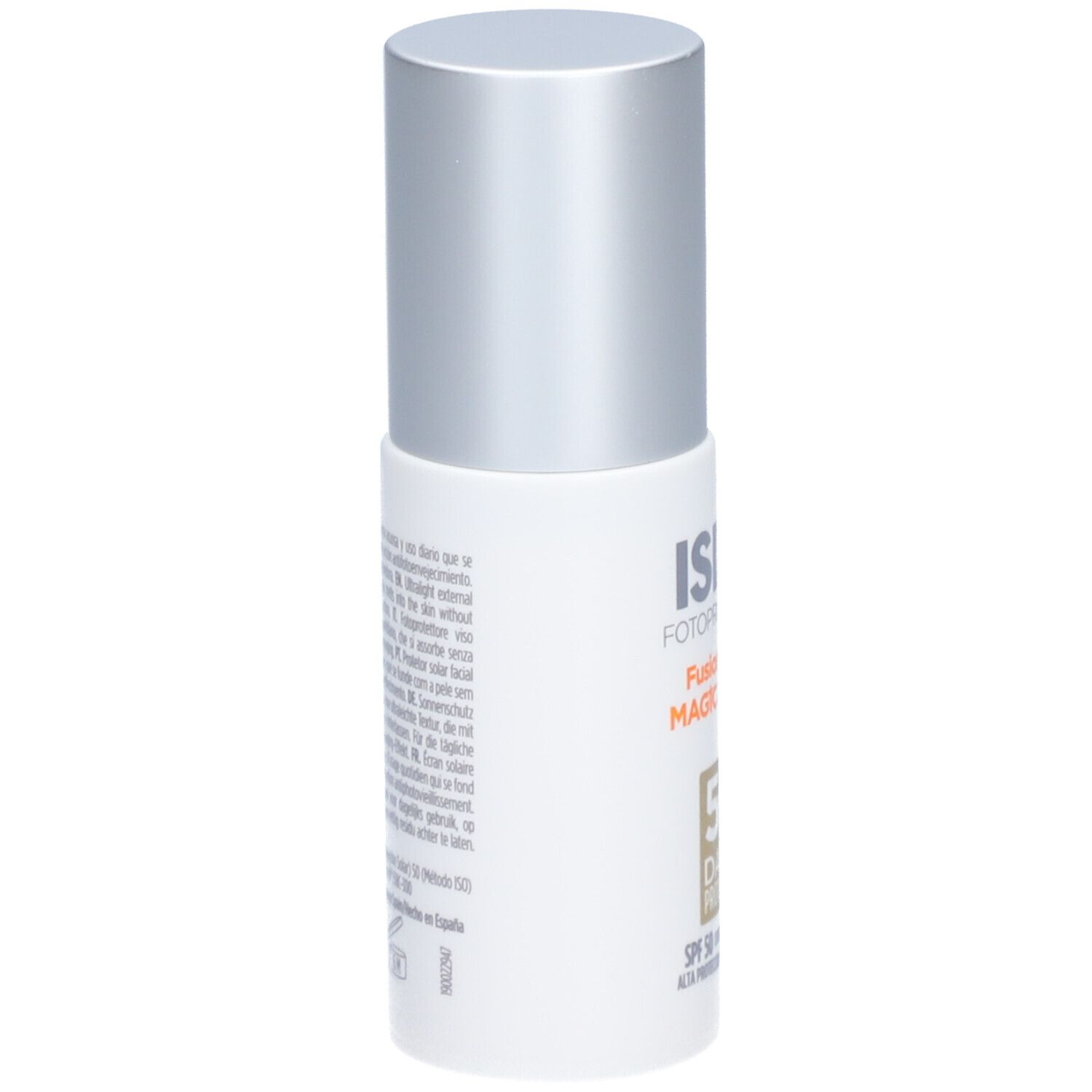 ISDIN Fotoprotector Fusion Water Magic Repair SPF50. Weiße Flasche mit silbernem Deckel. Text auf der Rückseite.
