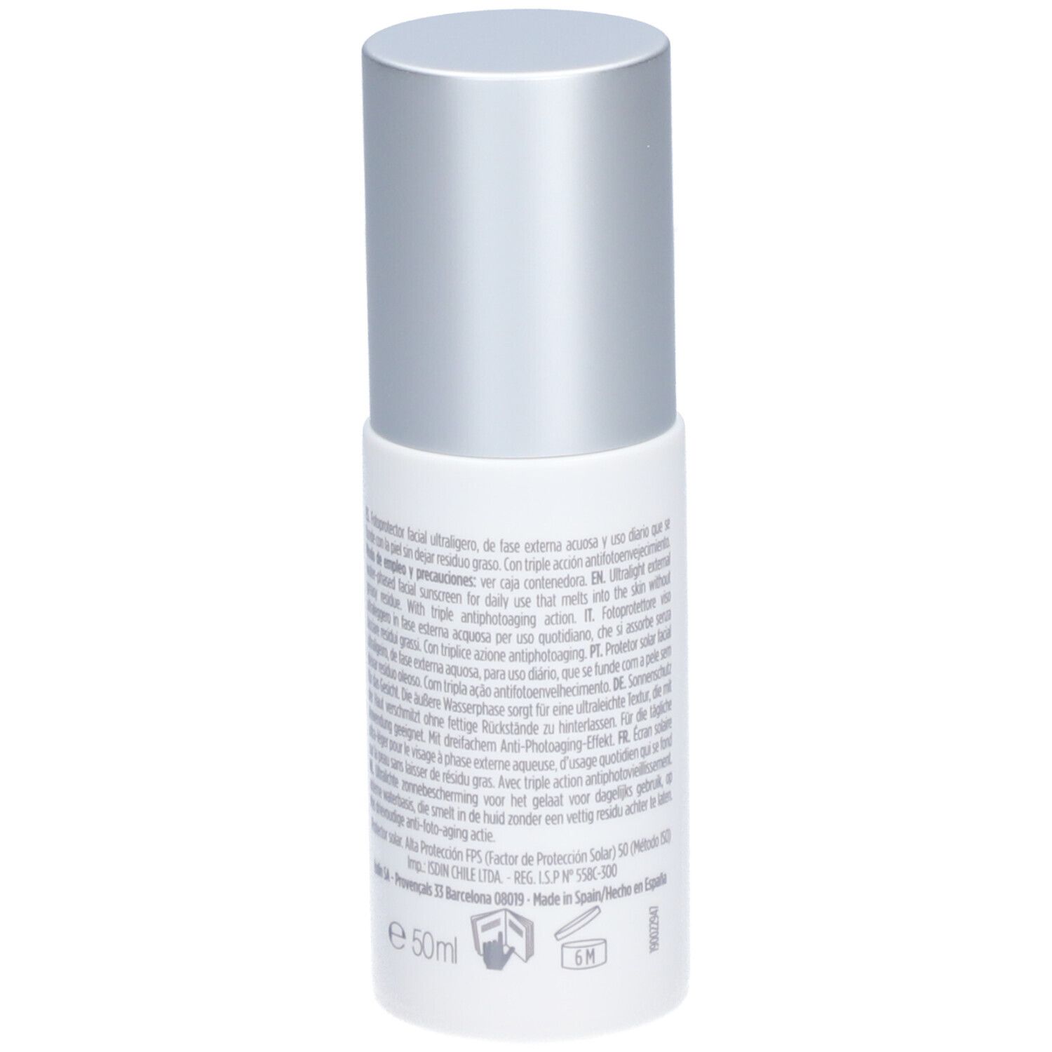 ISDIN Fotoprotector Fusion Water Magic Repair SPF50. Weiße Flasche mit silbernem Deckel. Text auf der Rückseite.