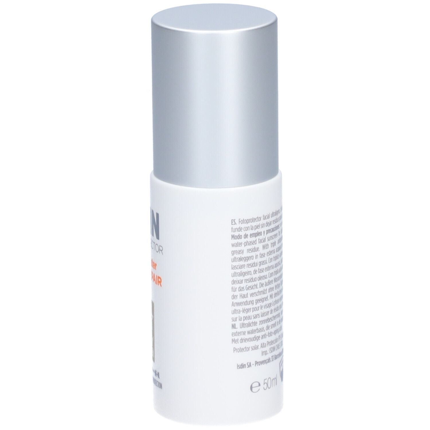 ISDIN Fotoprotector Fusion Water Magic Repair SPF50. Weiße Flasche mit silbernem Deckel. Text auf der Rückseite.
