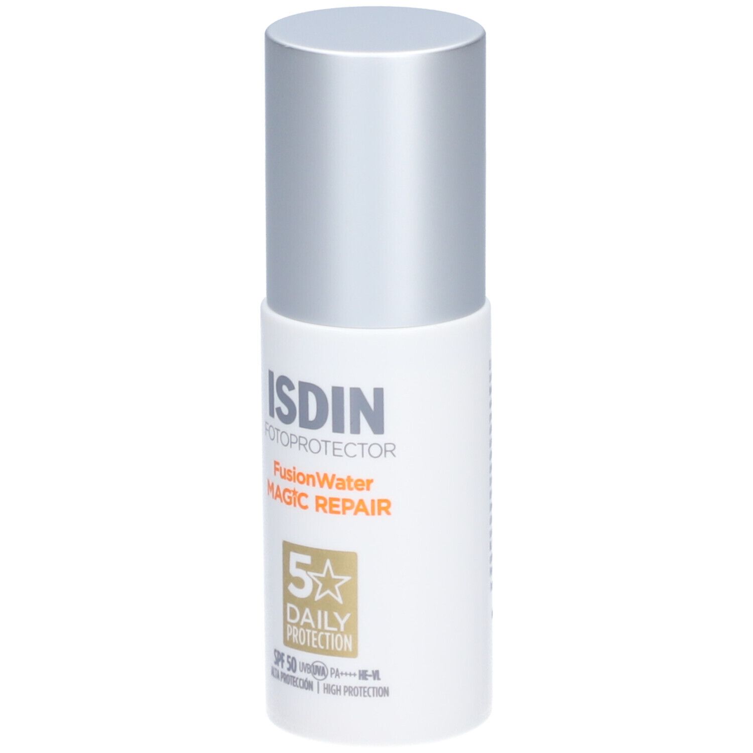 ISDIN Fotoprotector Fusion Water Magic Repair SPF50. Weiße Flasche mit silbernem Deckel. Text auf der Vorderseite.