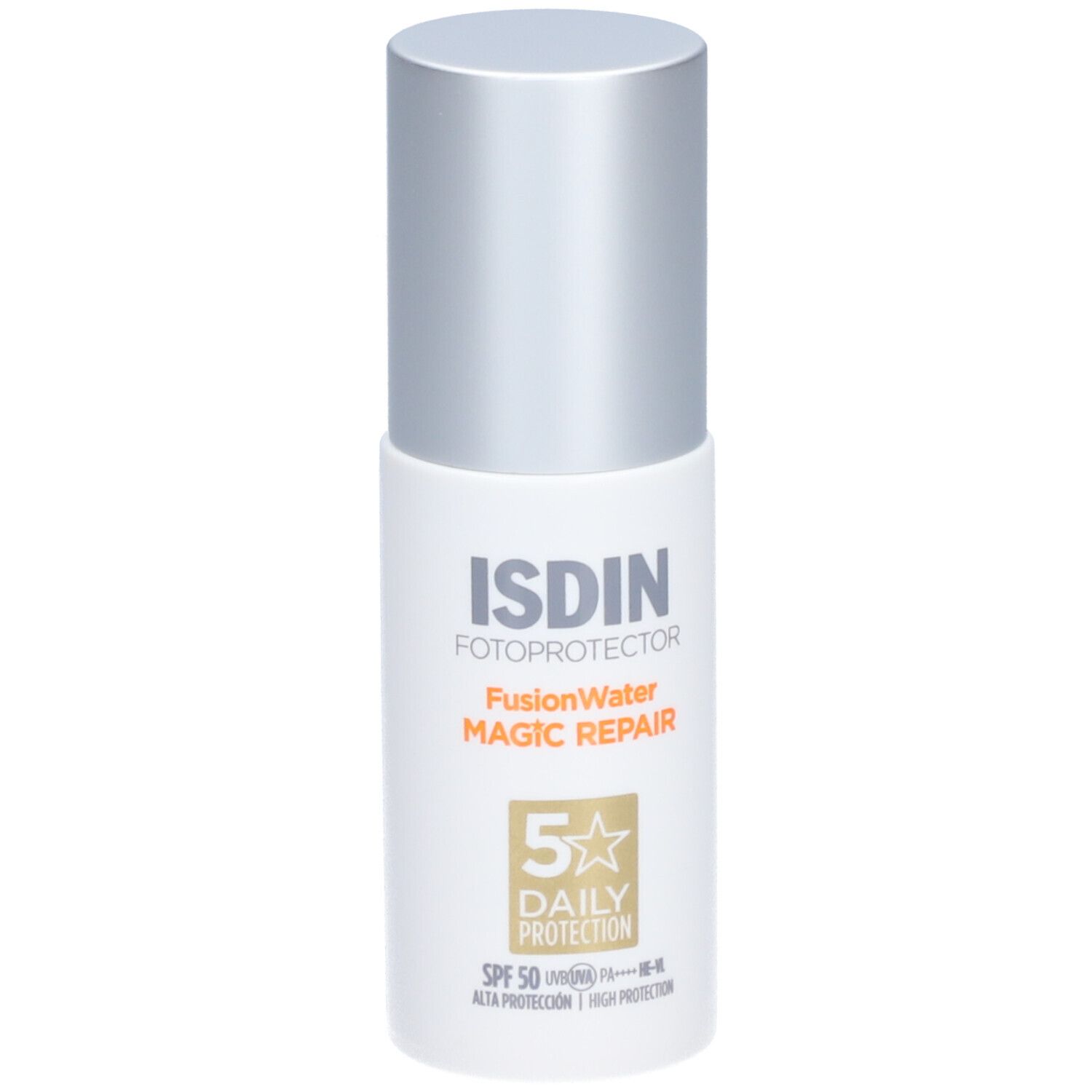 ISDIN Fotoprotector Fusion Water Magic Repair SPF50. Weiße Flasche mit silbernem Deckel. Text auf der Vorderseite.
