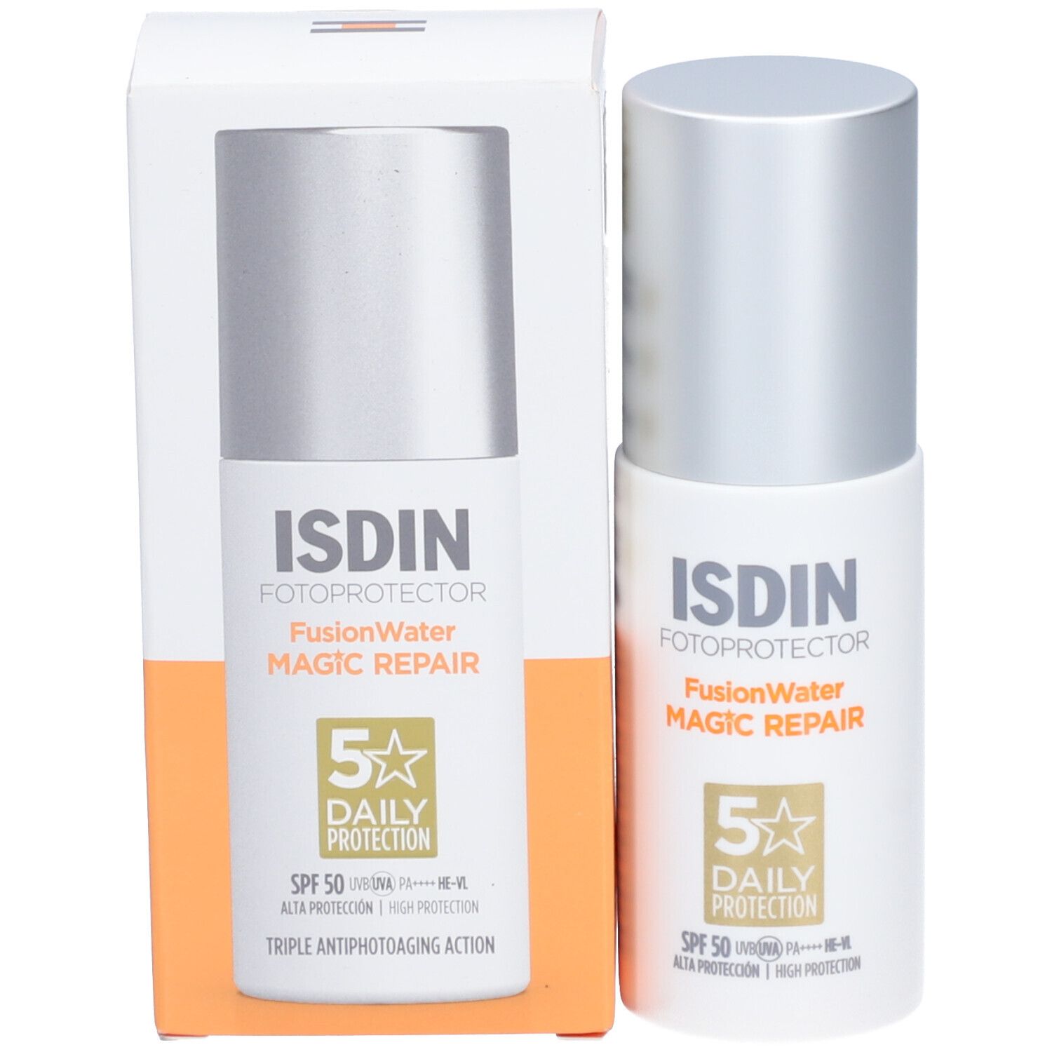 ISDIN Fotoprotector Fusion Water Magic Repair SPF50. Produkt und Verpackung. Weiße Schachtel und Flasche.