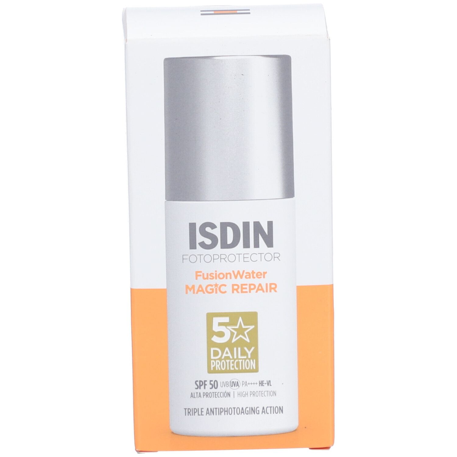 ISDIN Fotoprotector Fusion Water Magic Repair SPF50. Produkt und Verpackung. Weiße Schachtel und Flasche.