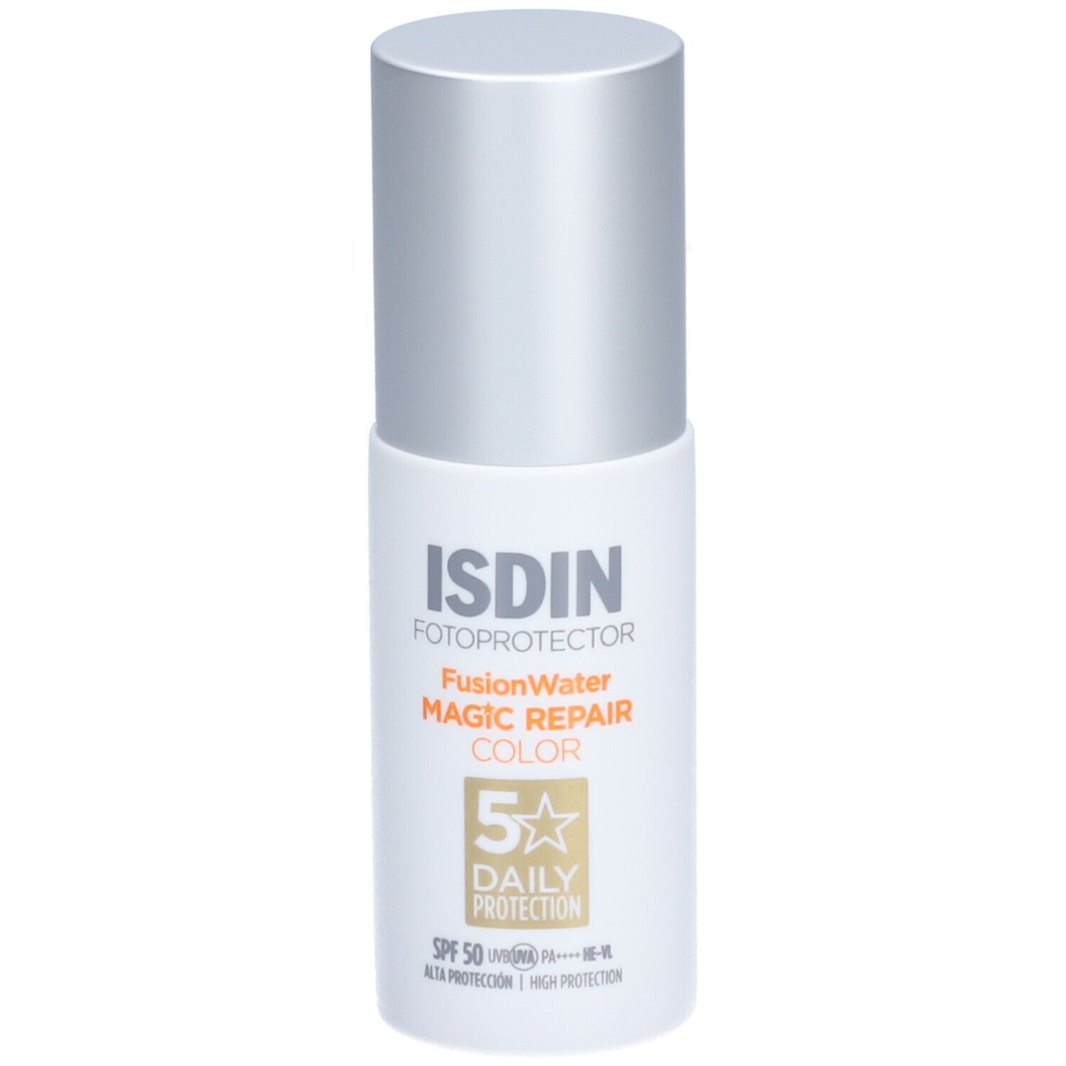 Weisse Flasche mit silbernem Deckel. Aufschrift: ISDIN Fotoprotector Fusion Water Magic Repair Color SPF50.