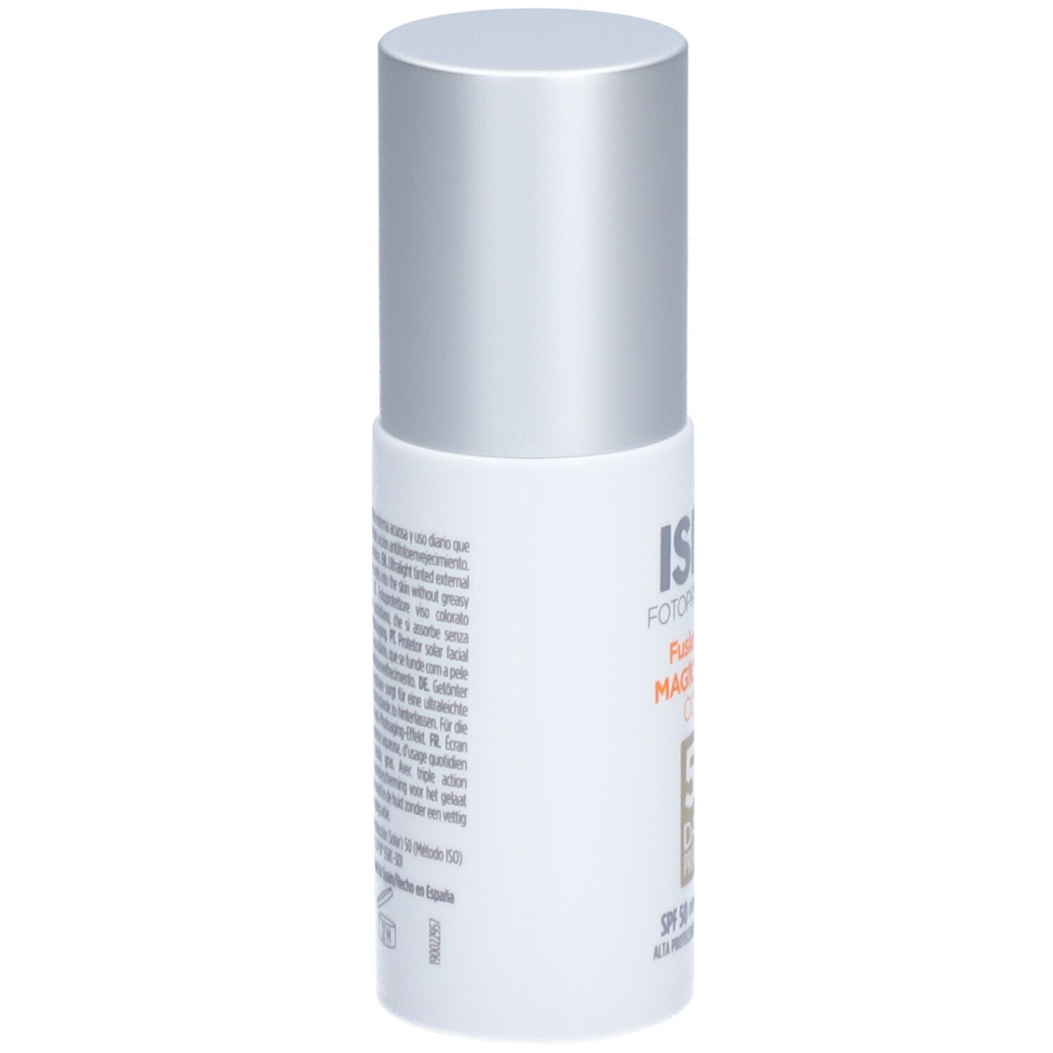 Rückseite der weißen Flasche mit Text. Silberner Deckel. ISDIN Fotoprotector Fusion Water Magic Repair Color SPF50.