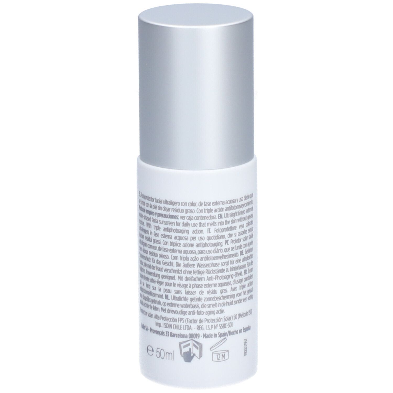 Rückseite der weißen Flasche mit Text. Silberner Deckel. ISDIN Fotoprotector Fusion Water Magic Repair Color SPF50.