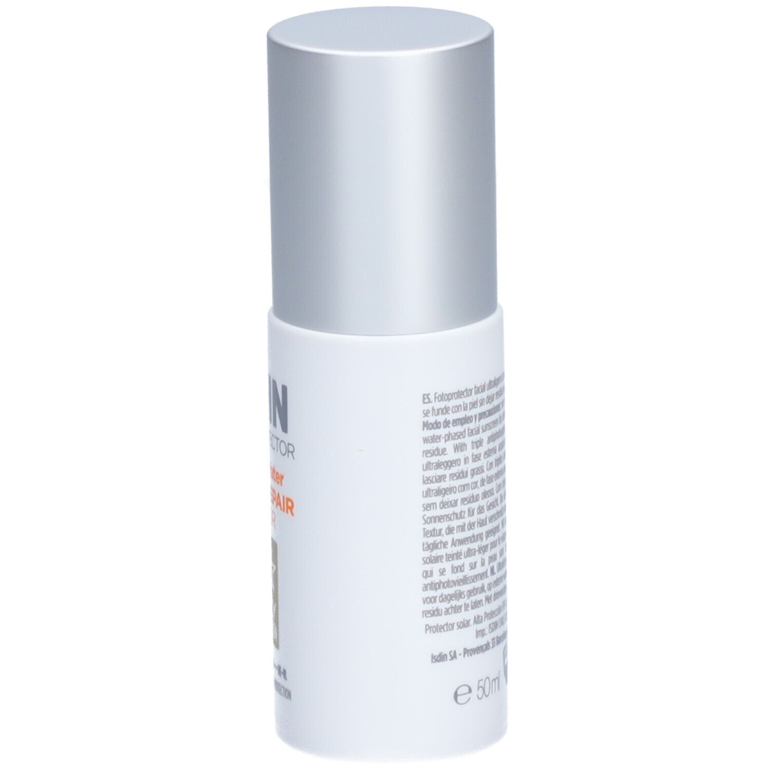 Rückseite der weißen Flasche mit Text. Silberner Deckel. ISDIN Fotoprotector Fusion Water Magic Repair Color SPF50.