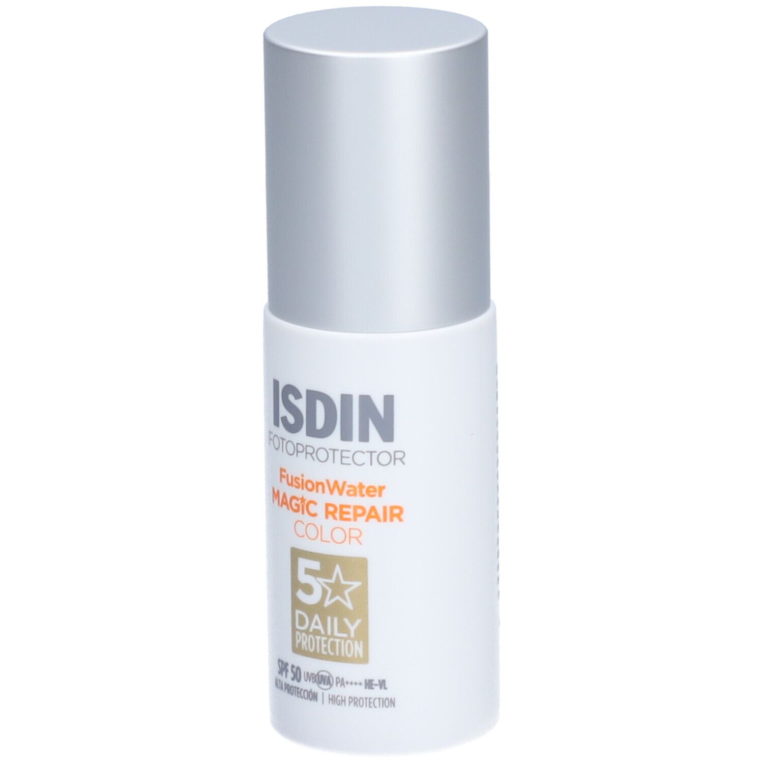Weisse Flasche mit silbernem Deckel. Aufschrift: ISDIN Fotoprotector Fusion Water Magic Repair Color SPF50.