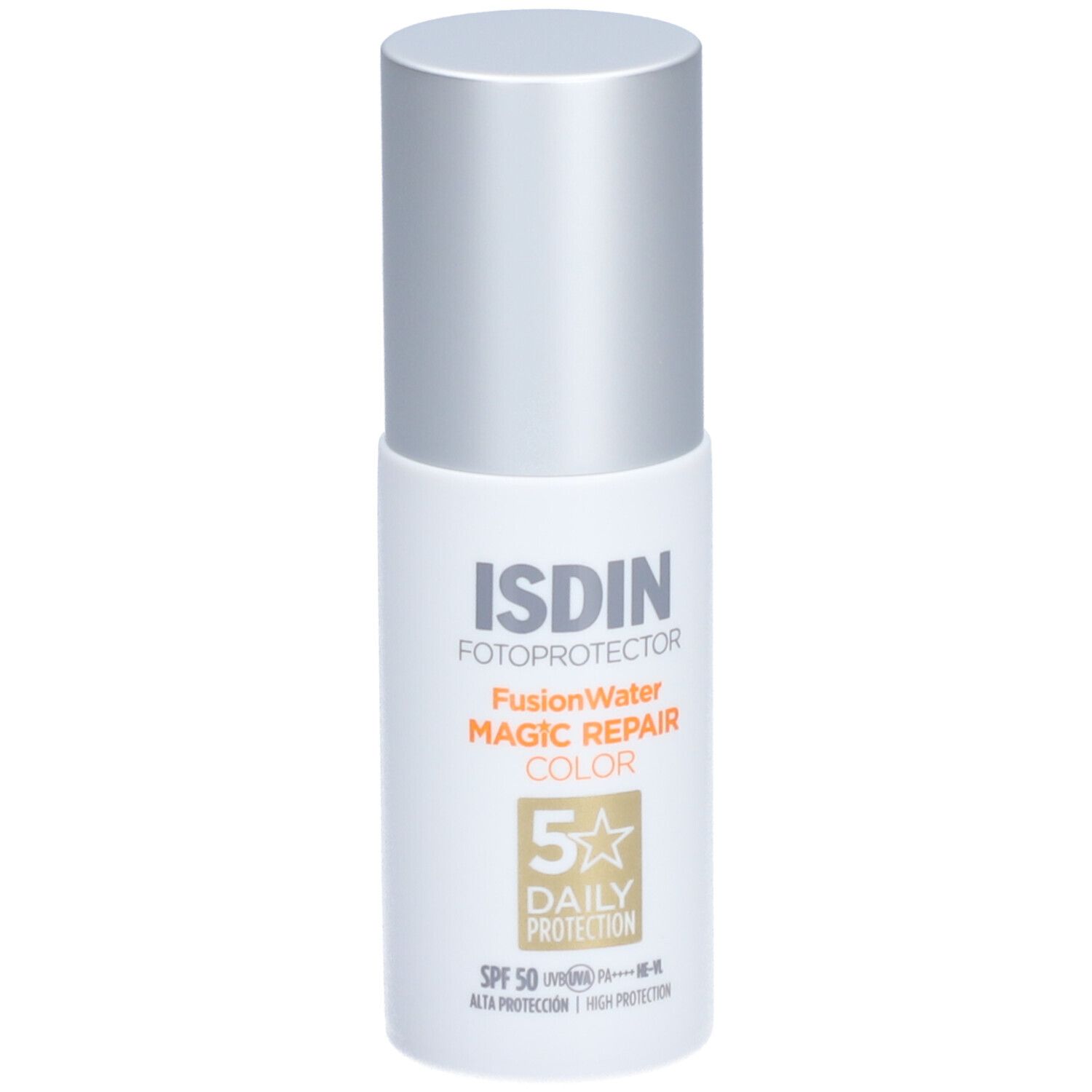 Weisse Flasche mit silbernem Deckel. Aufschrift: ISDIN Fotoprotector Fusion Water Magic Repair Color SPF50.
