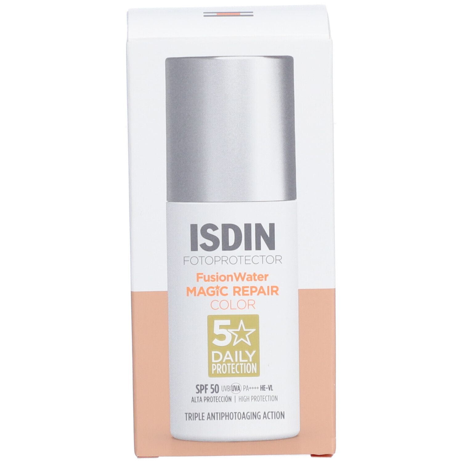 Produktverpackung mit Flasche. Aufschrift: ISDIN Fotoprotector Fusion Water Magic Repair Color SPF50. Verpackung weiß.