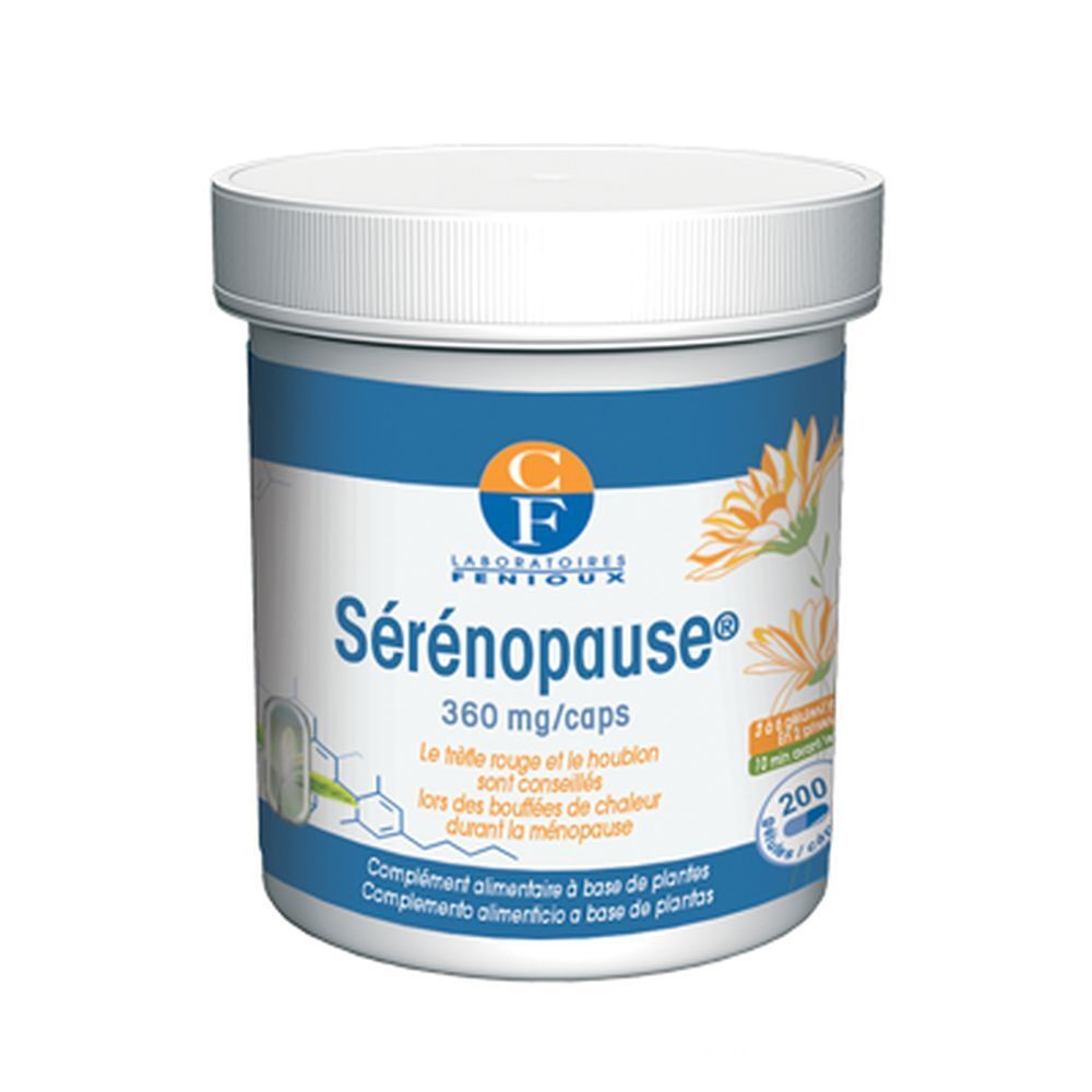 Pot cylindrique blanc avec bouchon à vis. Inscription Sérénopause®, 360 mg/caps. Complément alimentaire à base de plantes.