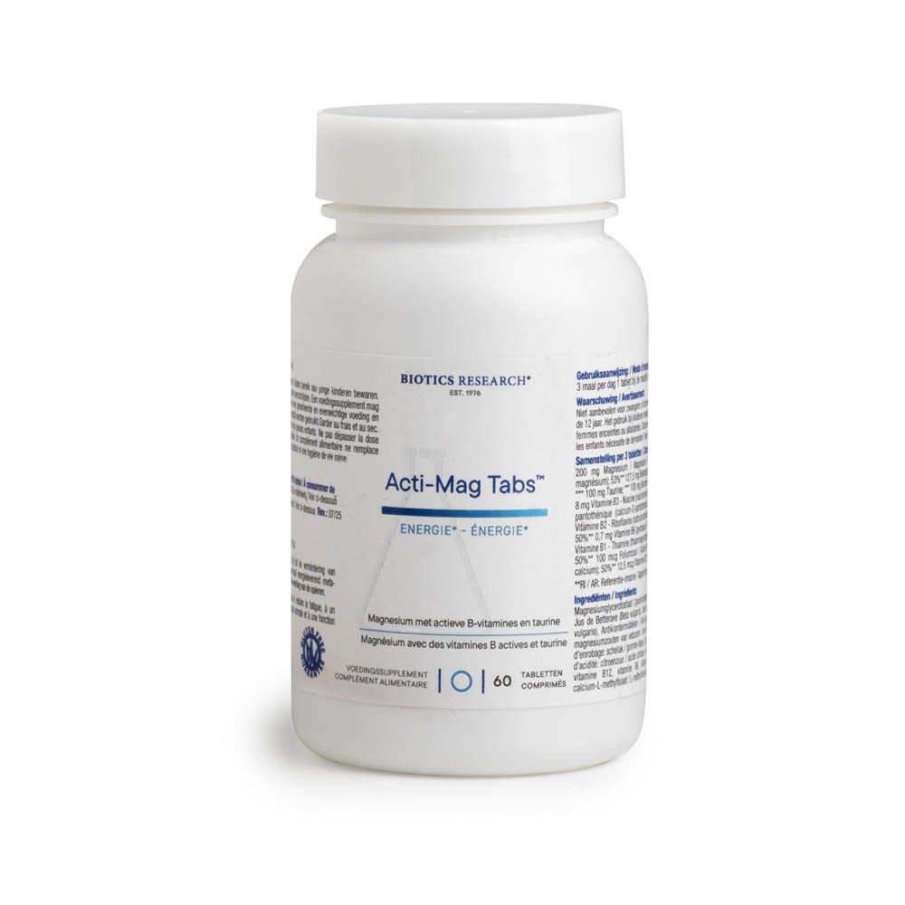 Weiße Flasche Acti-Mag Tabs. Aufschrift: BIOTICS RESEARCH. 60 Tabletten. Verschluss mit Aufschrift: SEALED FOR YOUR PROTECTION.