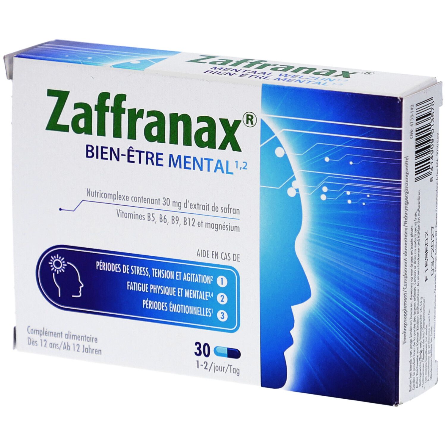 Boîte de Zaffranax Bien-Être Mental. Contient 30 gélules. Inscriptions : périodes de stress, tension et agitation, fatigue physique et mentale, périodes émotionnelles.