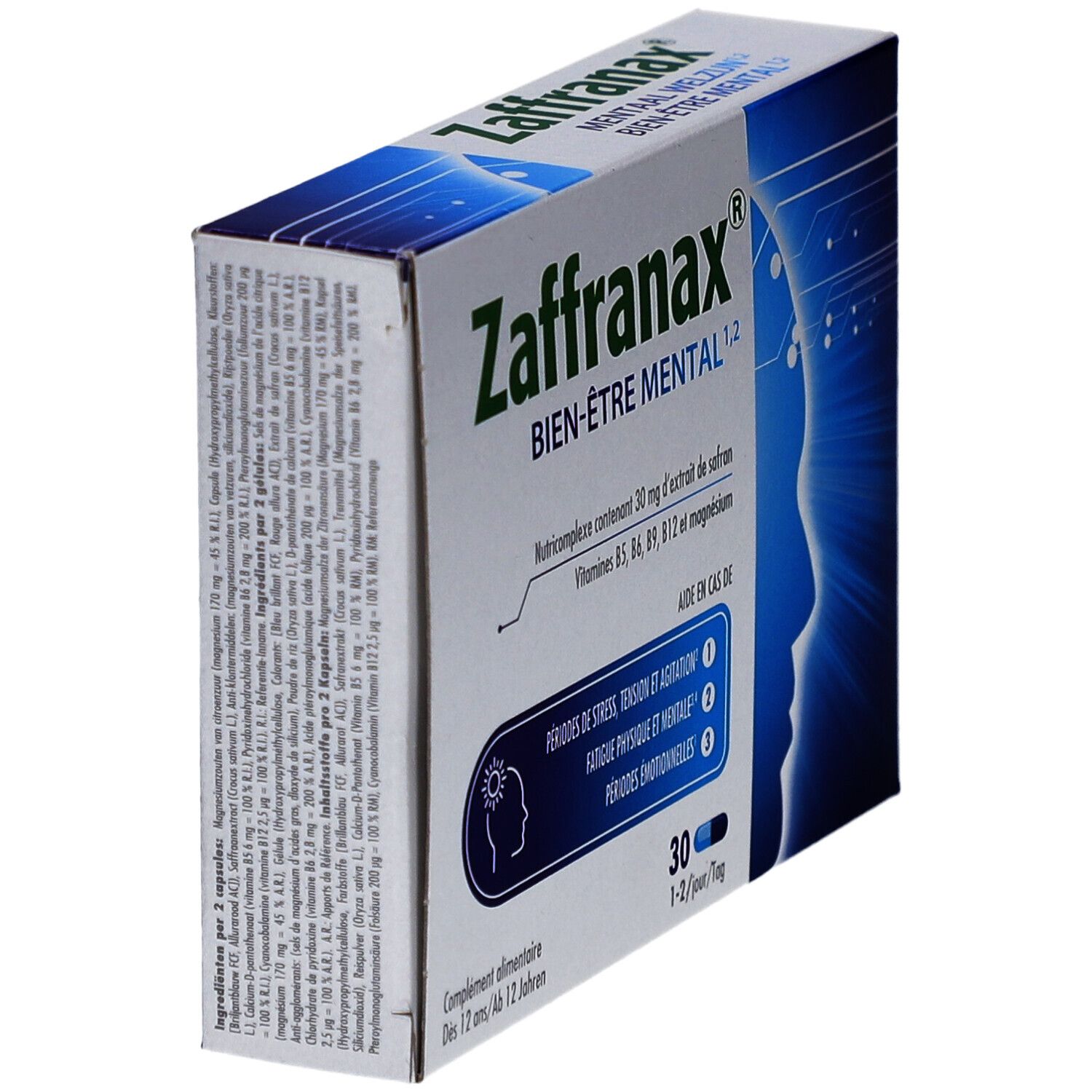 Boîte de Zaffranax Bien-Être Mental. Contient 30 gélules. Inscriptions : périodes de stress, tension et agitation, fatigue physique et mentale, périodes émotionnelles.