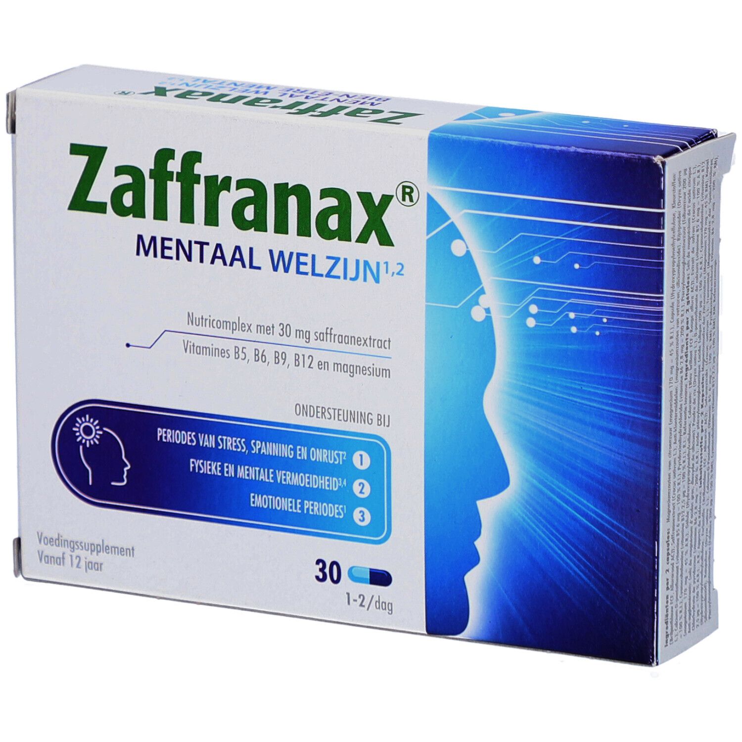 Boîte de Zaffranax Mentaal Welzijn. Contient 30 gélules. Inscriptions : périodes van stress, spanning en onrust, fysieke en mentale vermoeidheid, emotionele periodes.