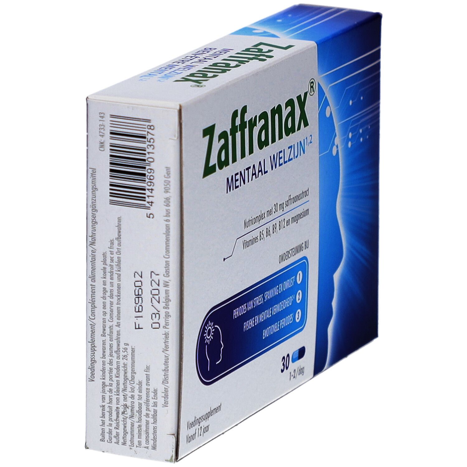 Boîte de Zaffranax Mentaal Welzijn. Contient 30 gélules. Inscriptions : périodes van stress, spanning en onrust, fysieke en mentale vermoeidheid, emotionele periodes.