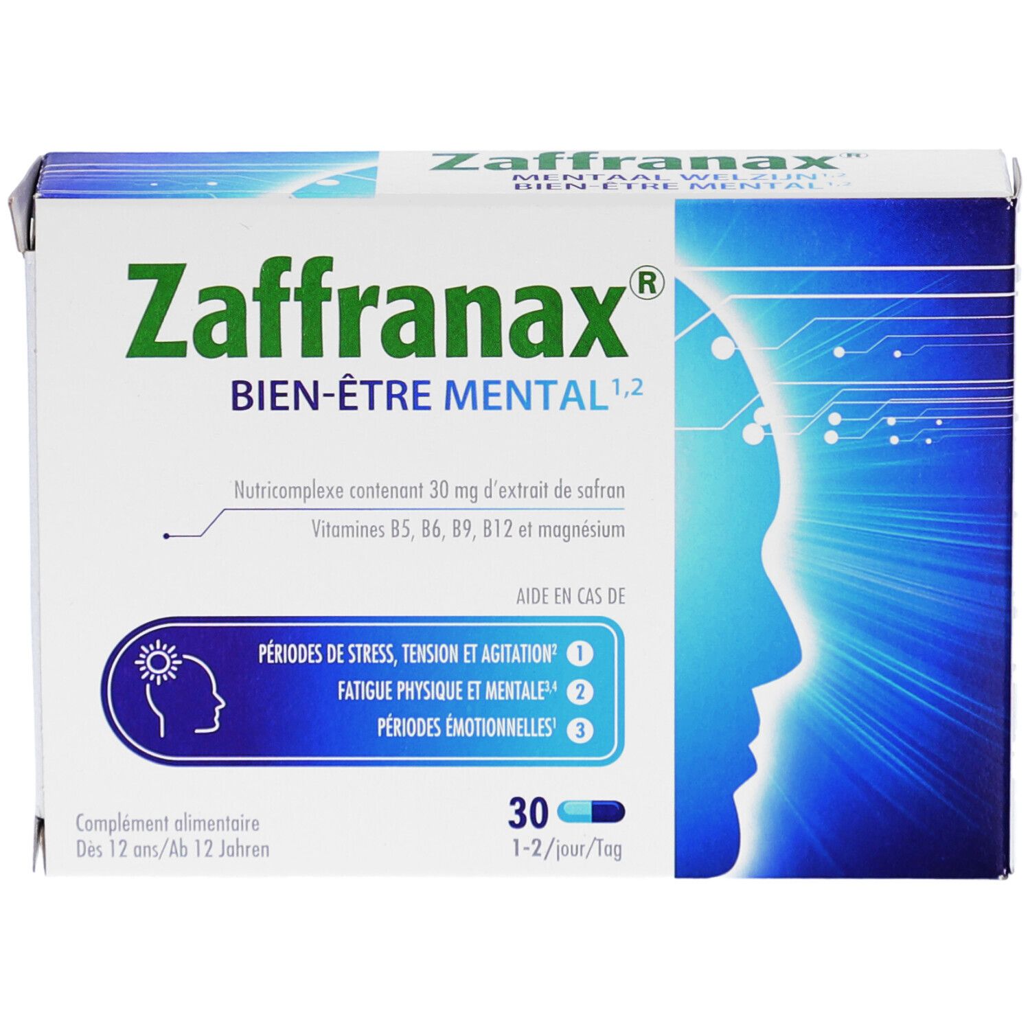 Boîte de Zaffranax Bien-Être Mental. Contient 30 gélules. Inscriptions : périodes de stress, tension et agitation, fatigue physique et mentale, périodes émotionnelles.