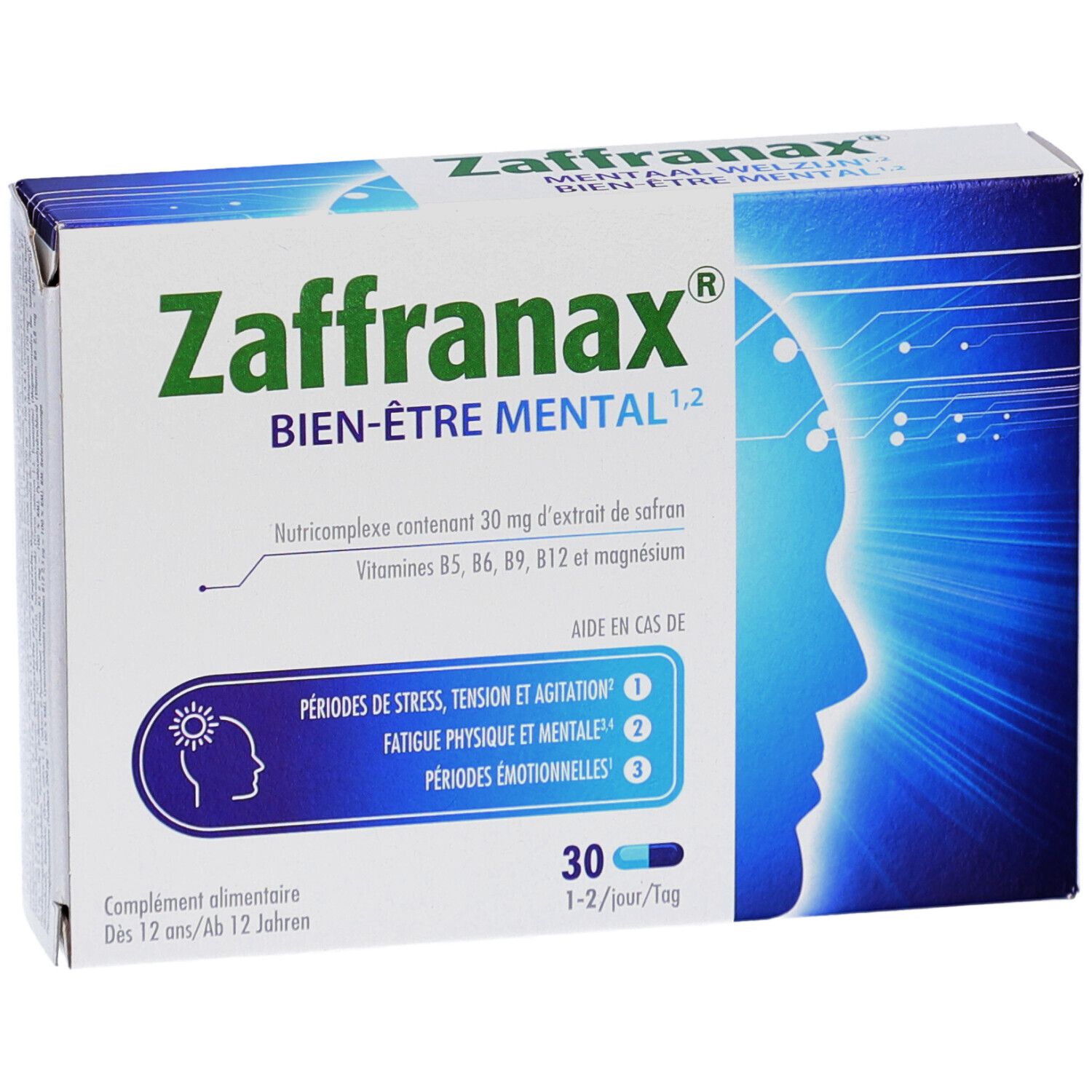 Boîte de Zaffranax Bien-Être Mental. Contient 30 gélules. Inscriptions : périodes de stress, tension et agitation, fatigue physique et mentale, périodes émotionnelles.
